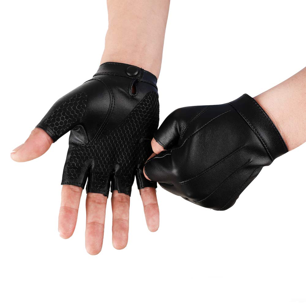 Jisen Men Pu Leather Punk Half Finger Snap Performance Gloves Black1