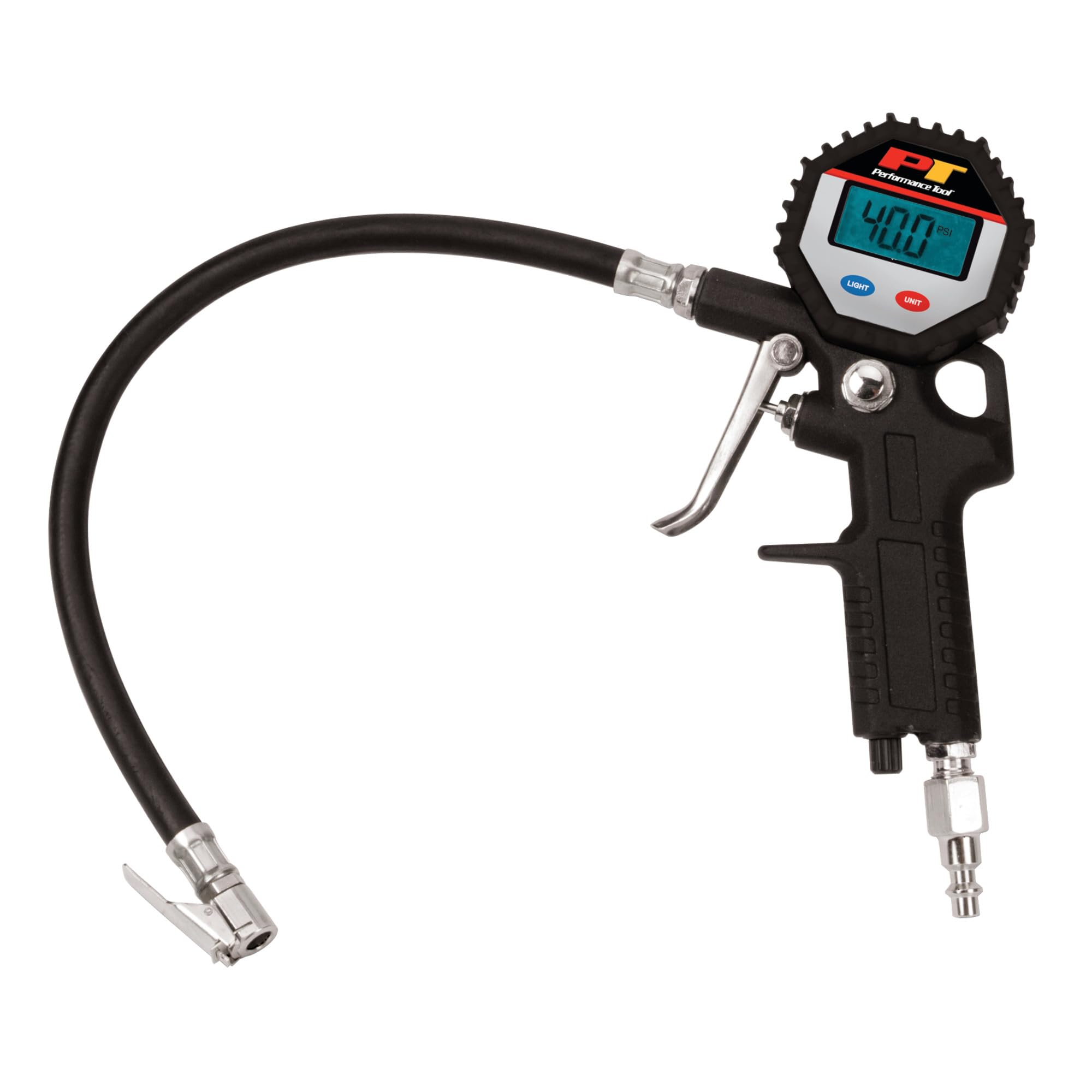 Performance Tool M525 Digital Tire Pressure Gauge, Straight Lock-On Air Chuck, LCD Backlit Screen, Digital Tire Inflator with ho