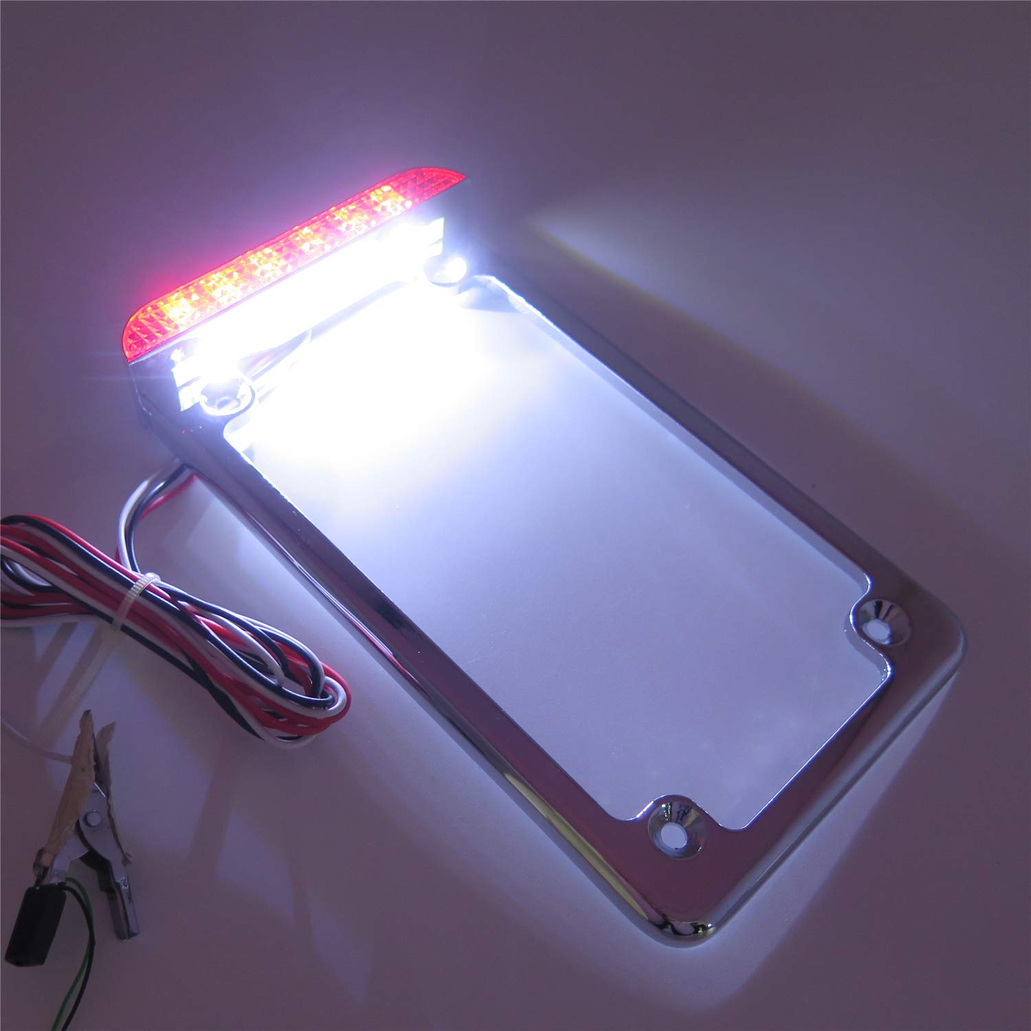 Httmt Mt294-003- Motorcycle Chrome 7'' X 4'' Flat License Plate Frame Bracket Tag Holder W/ 3'' Led Bar Compatible With Universa