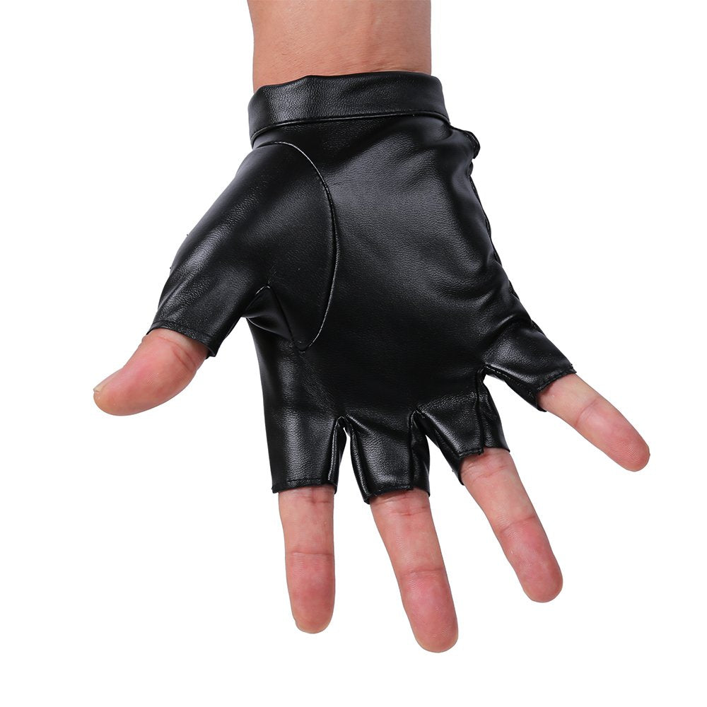 Jisen Men Pu Leather Punk Half Finger Snap Performance Gloves Black
