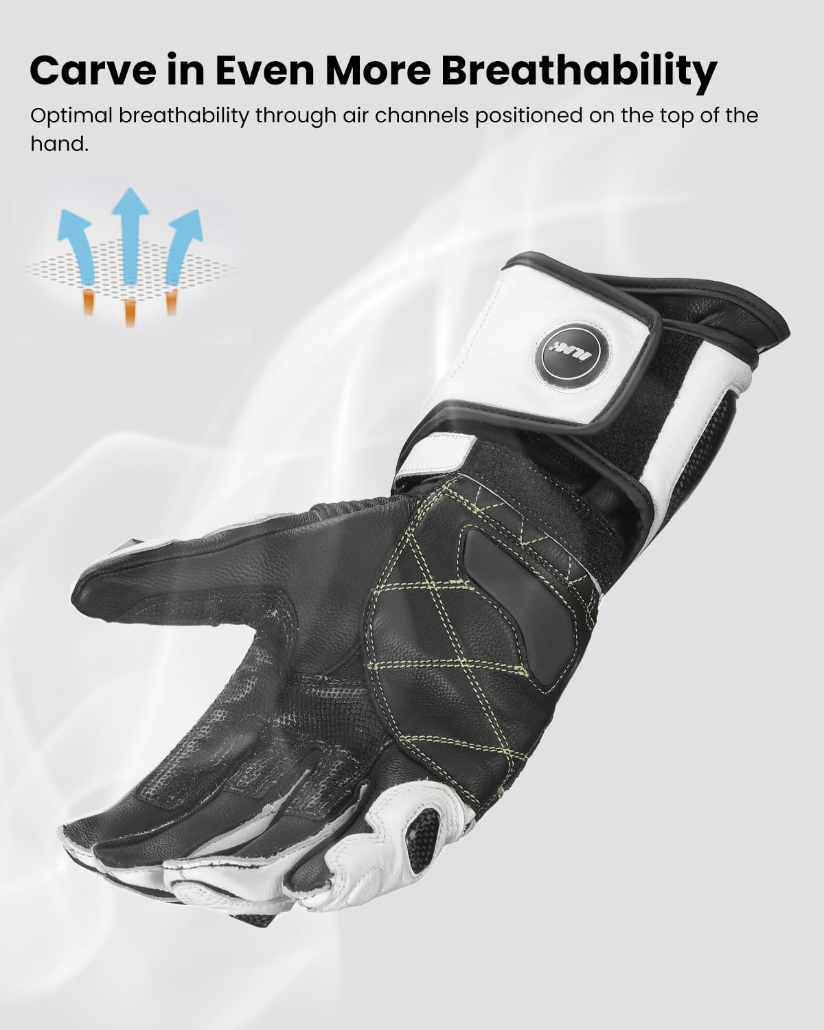 ILM Air Flow Leather Motorcycle Gloves - XXL, White-Long, Model GRC01L for Men & Women - Durable, Comfortable Riding Gear