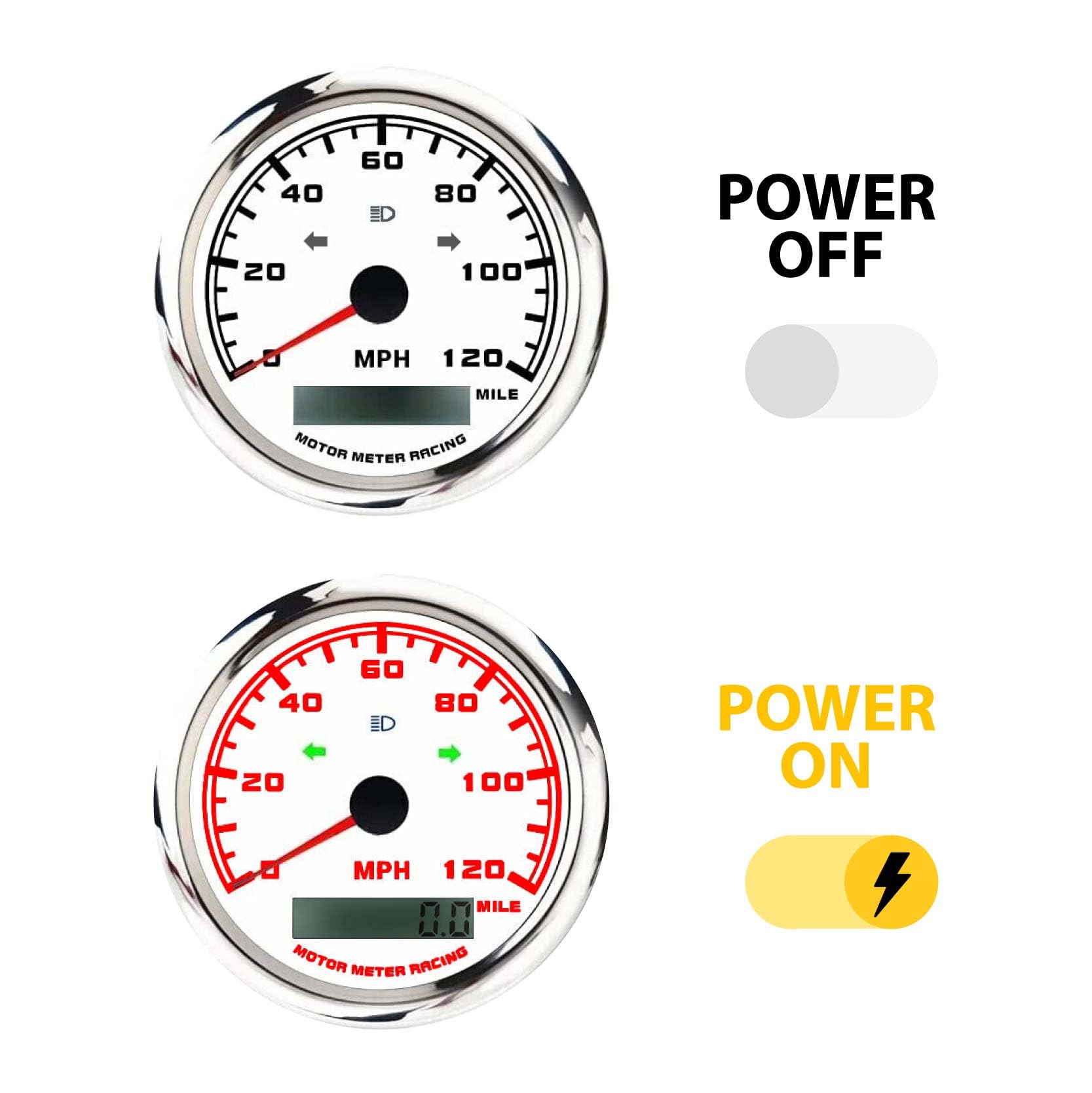 MOTOR METER RACING GPS Speedometer 120 MPH Waterproof White Dial with Red LED for Car, Truck, Motorcycle, Marine - Model MMSP270-GPS-120WT-MP
