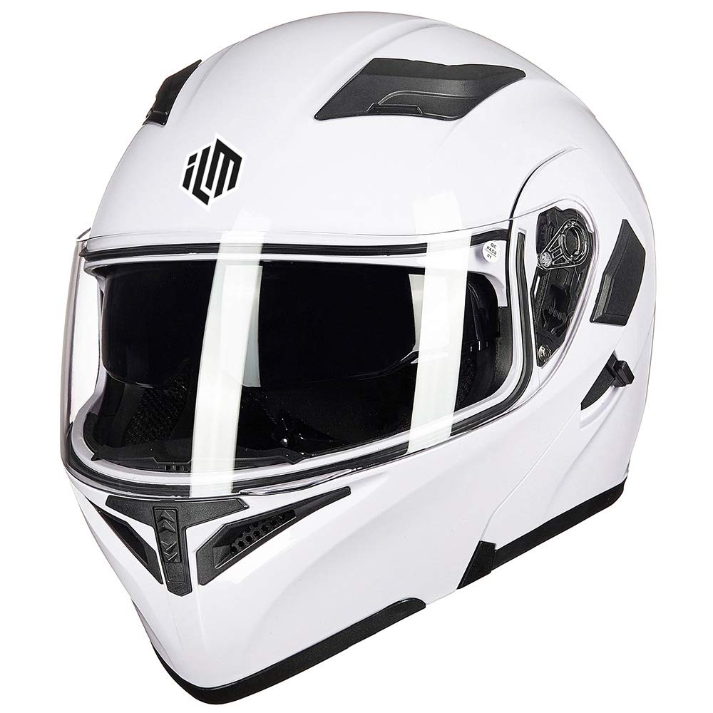 Ilm Motorcycle Dual Visor Flip Up Modular Full Face Helmet Dot 6 Colors Model 902 (M, White)