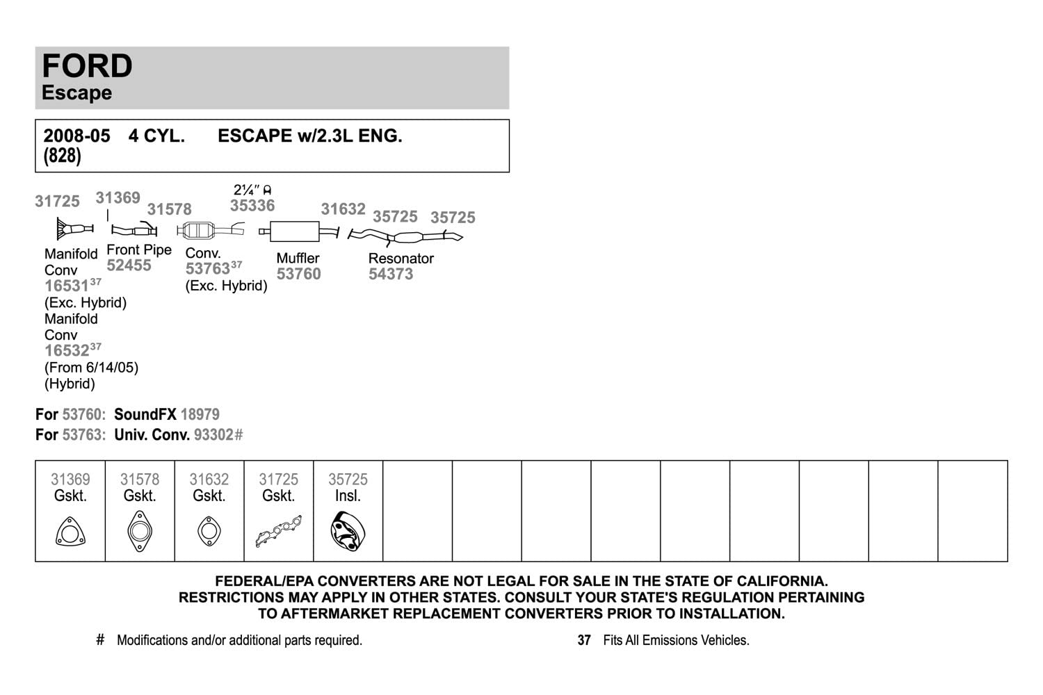 Walker 54373 Direct Fit Exhaust Resonator And Pipe Assembly 2.25 Outlet (Od) For Ford Escape