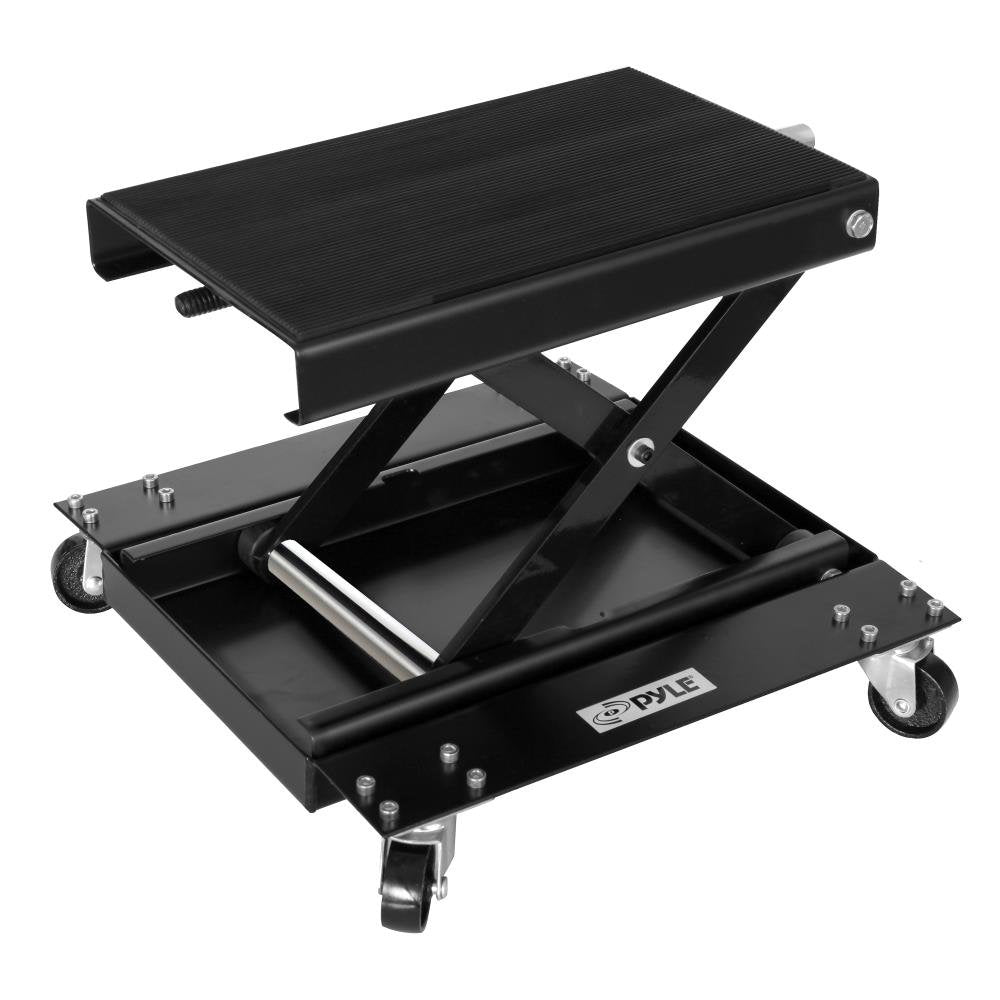 Pyle Motorcycle Scissor Jack Lift W/ Dolly - Portable Ez Bike Rack, Front Rear Center Tire Wheel Engine Stand W/ Wheels-Low Prof