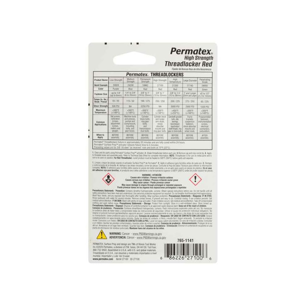 Itw Global Brands Permatex 27100 .20 Oz Red High Strength Threadlocker