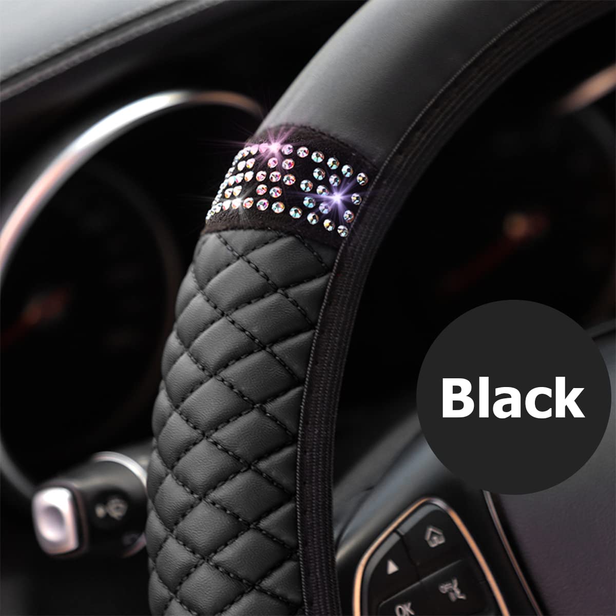Bling Leather Steering Wheel Cover, Colorful Rhinestones Elastic Steering Wheel Protector, Pu Soft Leather With Crystal Diamond, Sparkling Car Accessories For Most Cars (Black)
