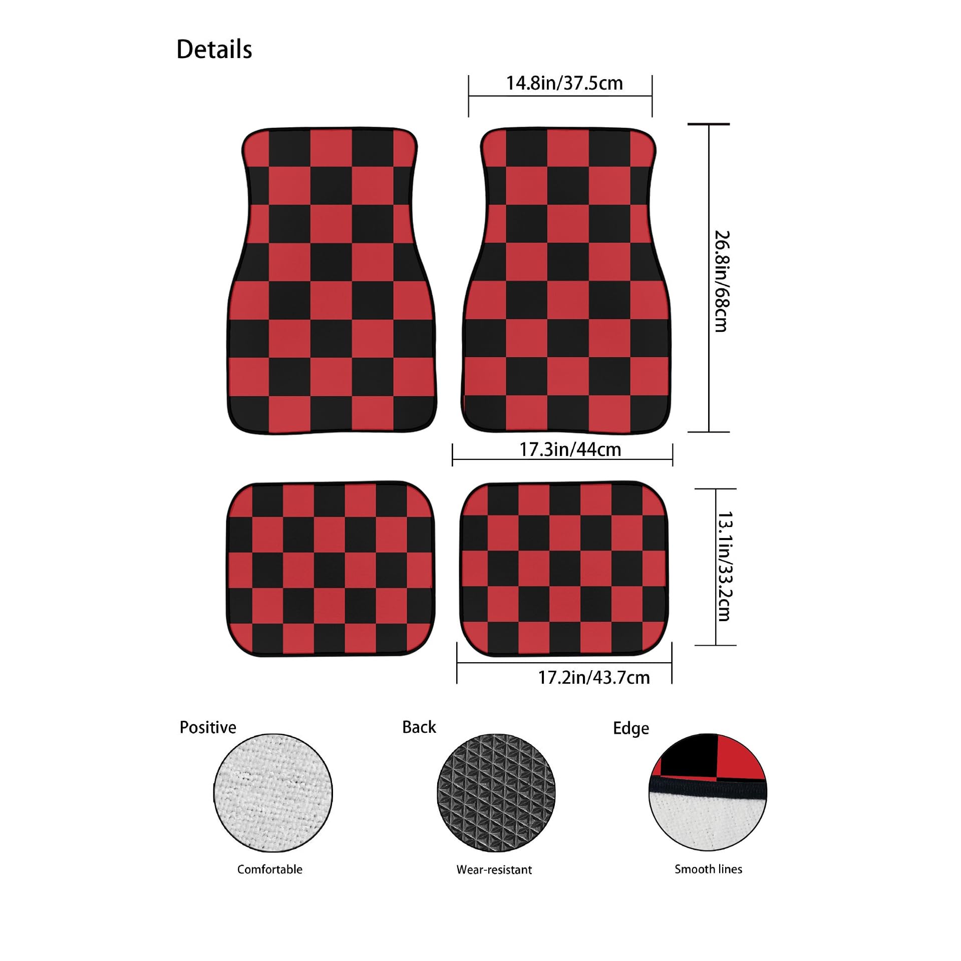 Checkered Car Floor Mats Set of 4,Geometric Checkered Plaid Pattern Black and Red Vehicle Front Rear Carpets Mats Universal Car