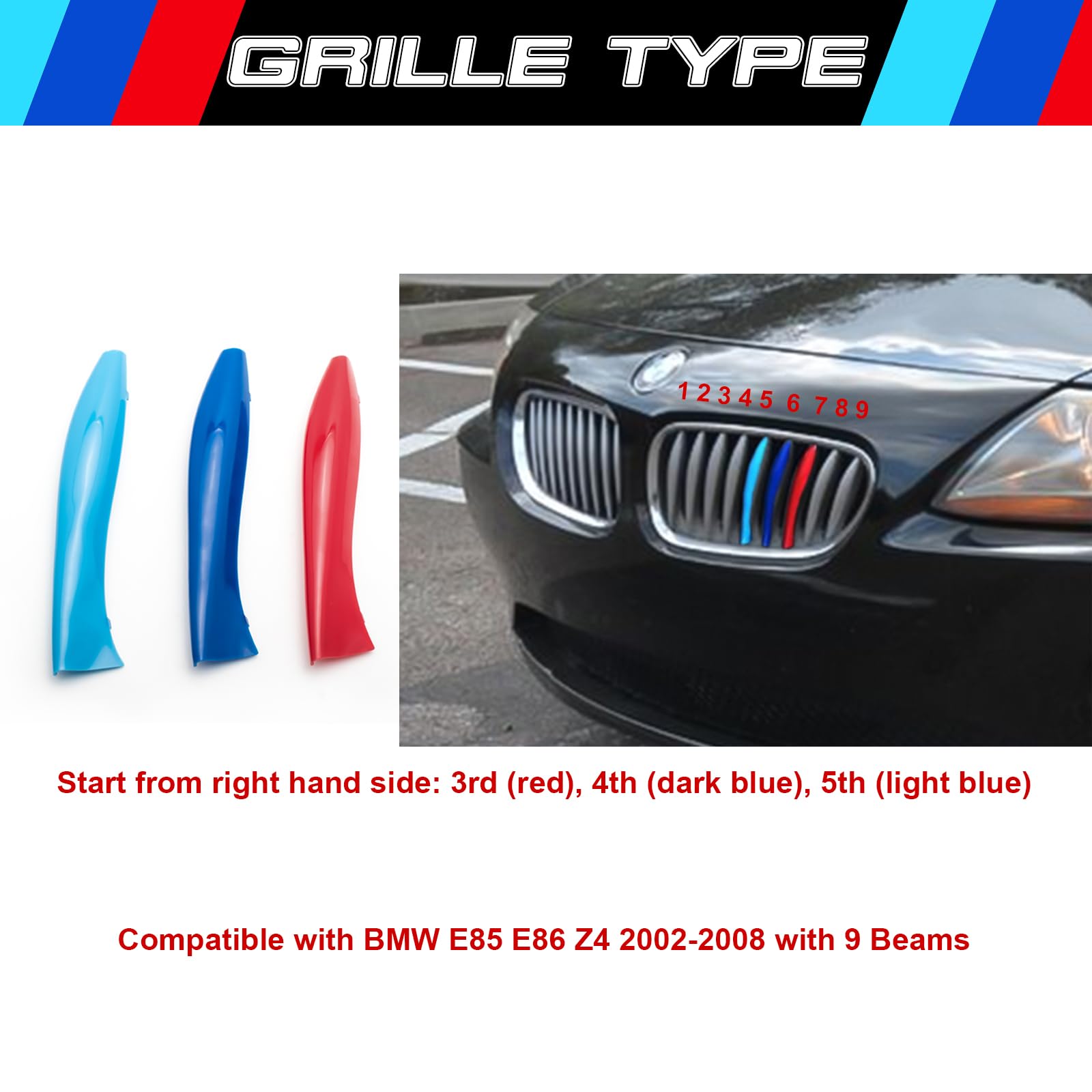 Xotic Tech M-Colored Tri Grille Insert Trims Strips, Front Center Kidney Grilles Compatible With Bmw E85 E86 Z4 2002-2008 (9 Beams)
