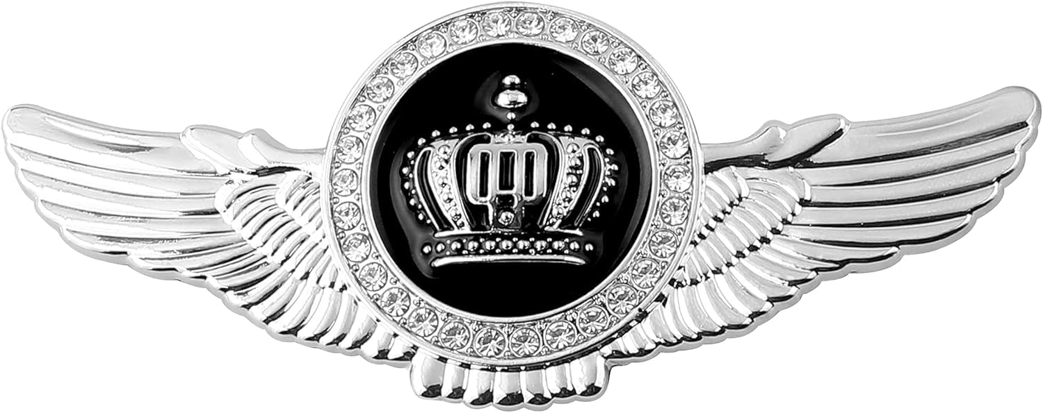Oan Winged King Crown Emblem Sticker For All Cars, Bikes, Metal (Silver With Black) Size: 11Cm X 4.5Cm X 2Mm
