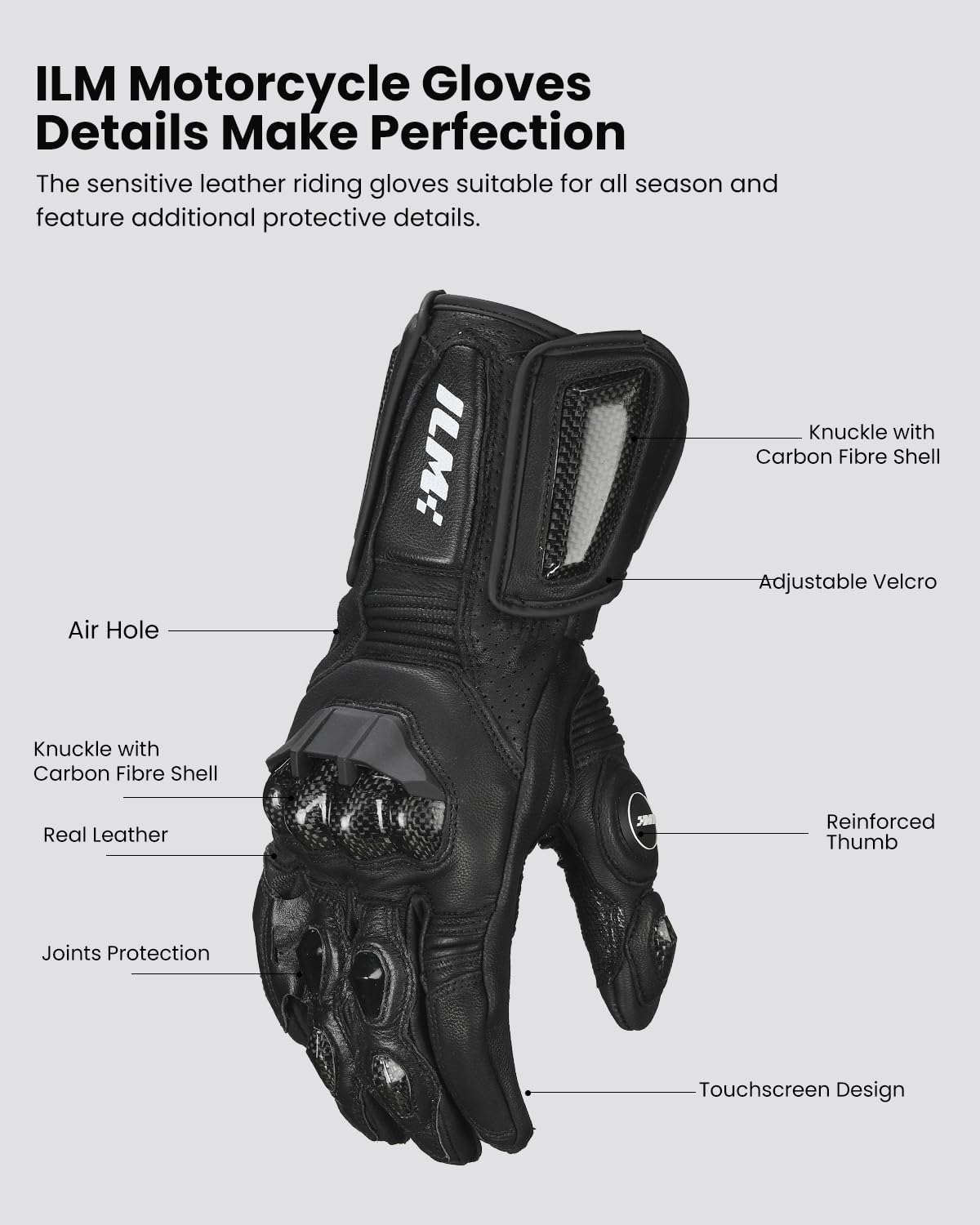 Ilm Air Flow Leather Motorcycle Gloves For Men And Women Model-Grc01L (M, Black-Long)