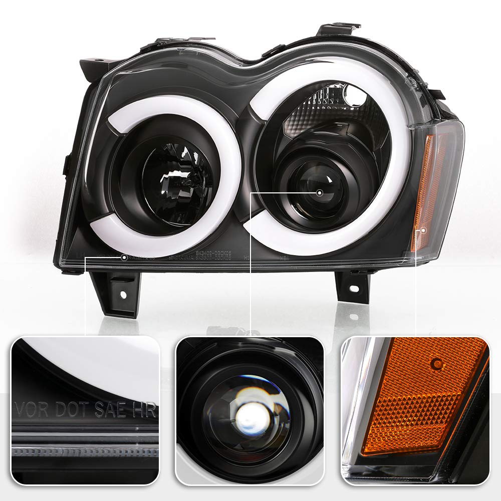 ACANII Black LED Tube Projector Headlights for 2005-2007 Jeep Grand Cherokee - Driver & Passenger Assembly