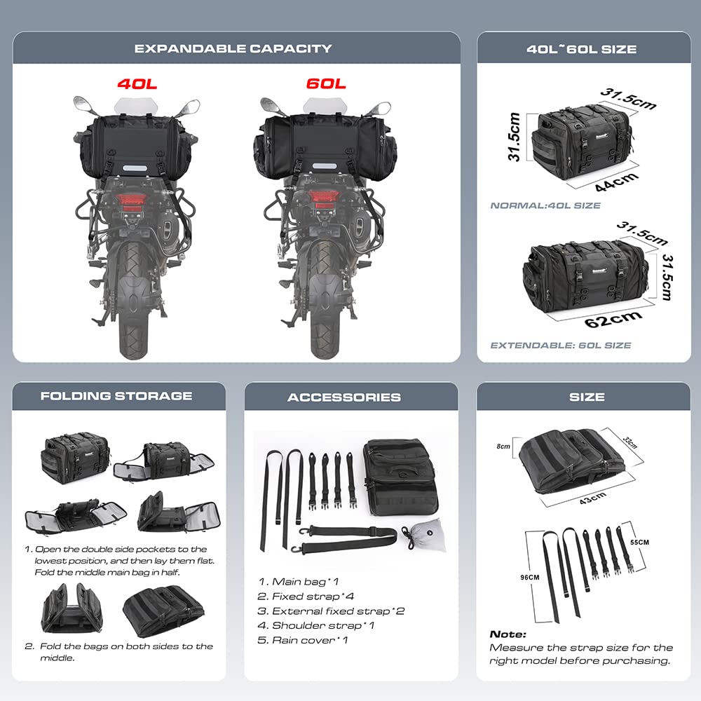 Rhinowalk Motorcycle Tail Bag, Expandable 60L Waterproof Trunk Rack Bag, Black, Model MT4060-1