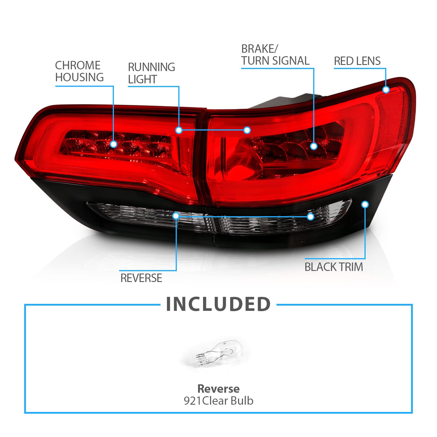 AmeriLite LED Brake Turn Signal Tail Lights Set for 2014-2017 Jeep Grand Cherokee - Red/Smoke/Black Bezel (4 pcs)