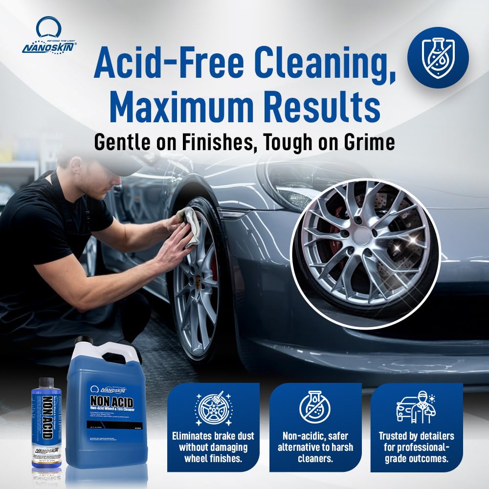 Nanoskin Non Acid Wheel & Tire Cleaner - 1 Gallon, Blue - Removes Brake Dust & Dirt, Ideal for Car Detailing