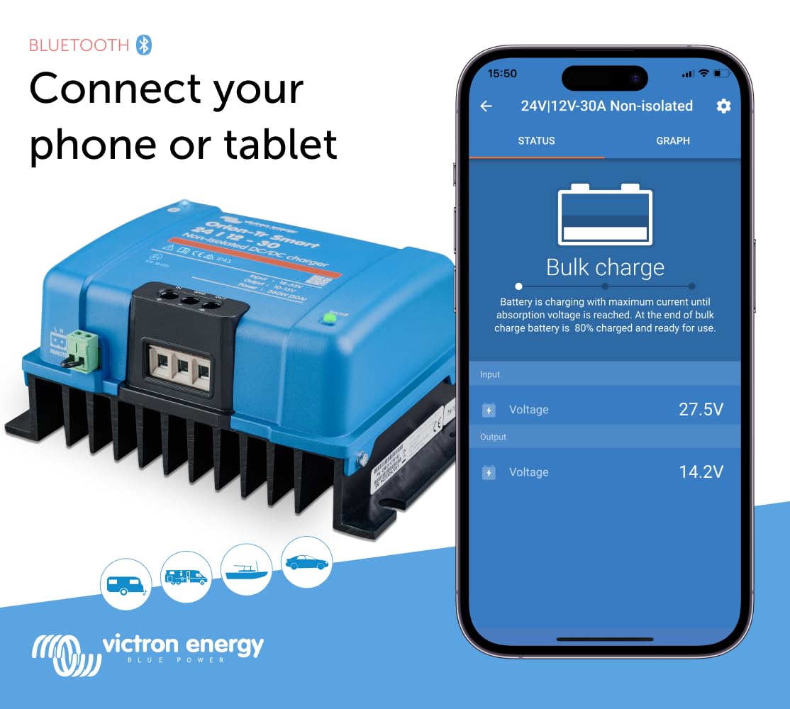 Victron Energy Orion-Tr Smart Dc To Dc Charger (Bluetooth) - 24/12-Volt 30 Amp 360-Watt - Battery Charger For Dual Battery Systems - Non-Isolated
