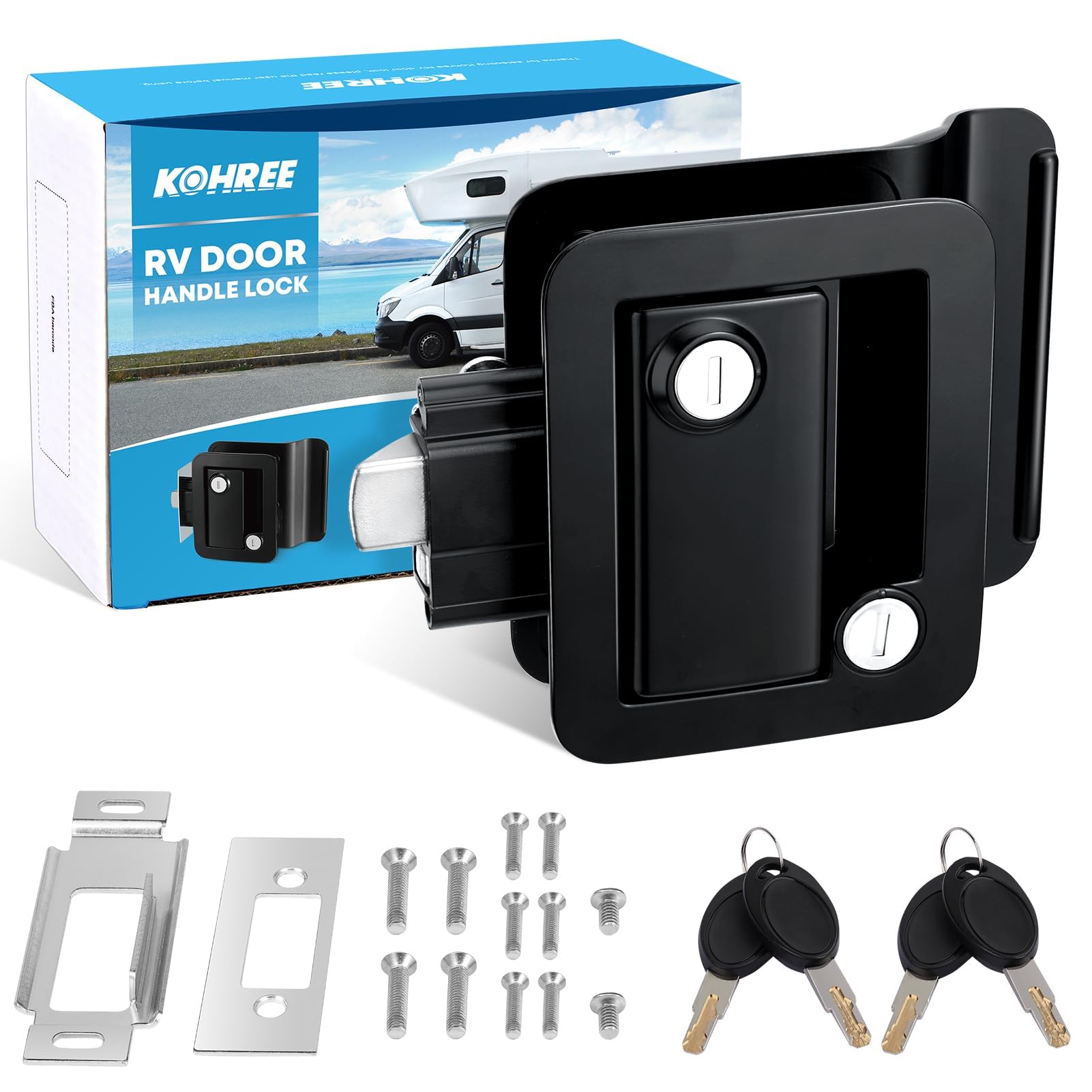 Kohree Upgraded Rv Door Lock Replacement With Paddle Deadbolt, 100% Zinc Alloy, Camper Door Handle Latch, Rv Enclosed Travel Trailer Entry Door Lock With Keys For Camper Horse Trailer Cargo, Black