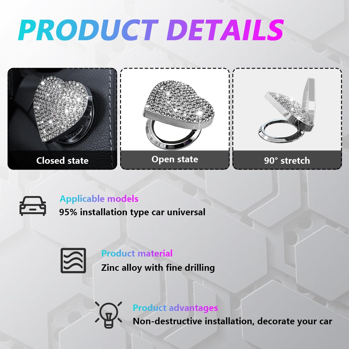 Sylvil Bling Car Engine Start Button Cover, White Rhinestone Decal for Women, Sparkly Heart Shape Ignition Accessory