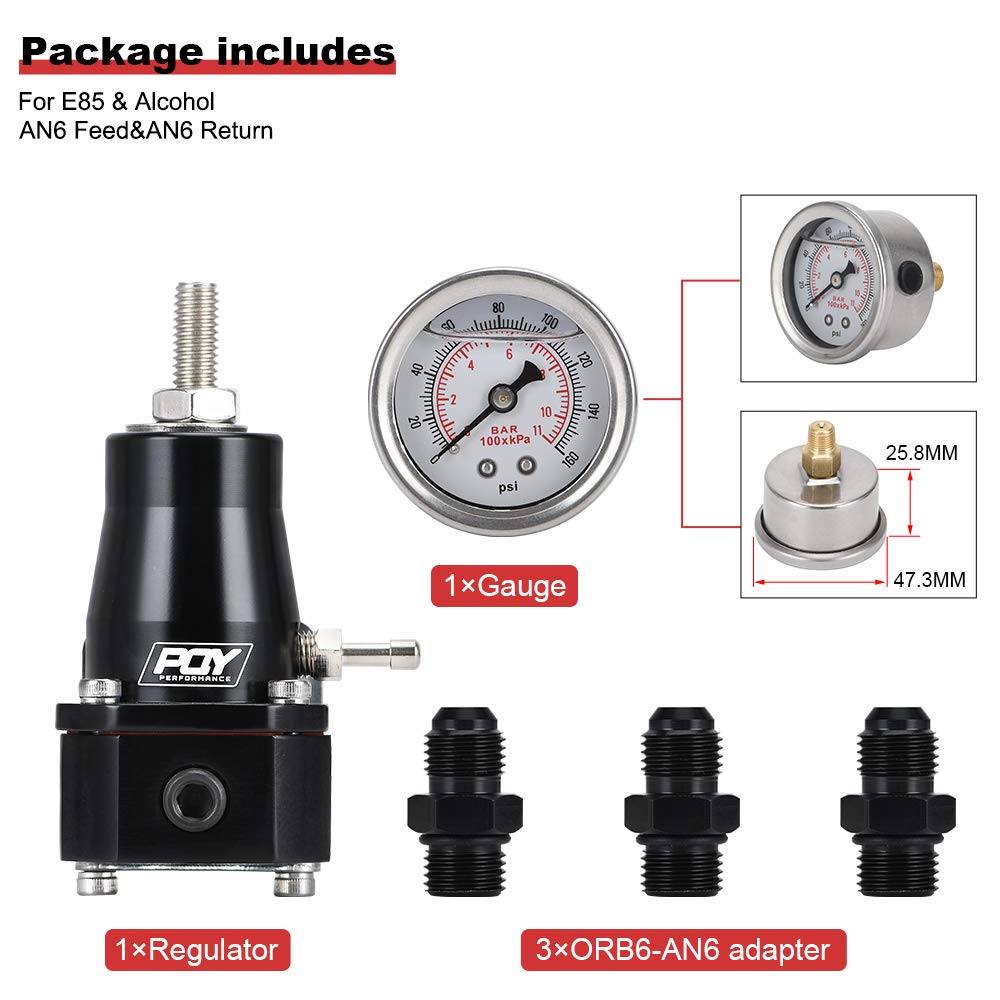 Pqy Fuel Pressure Regulator With Gauge An6 Feed & An6 Return Line Black
