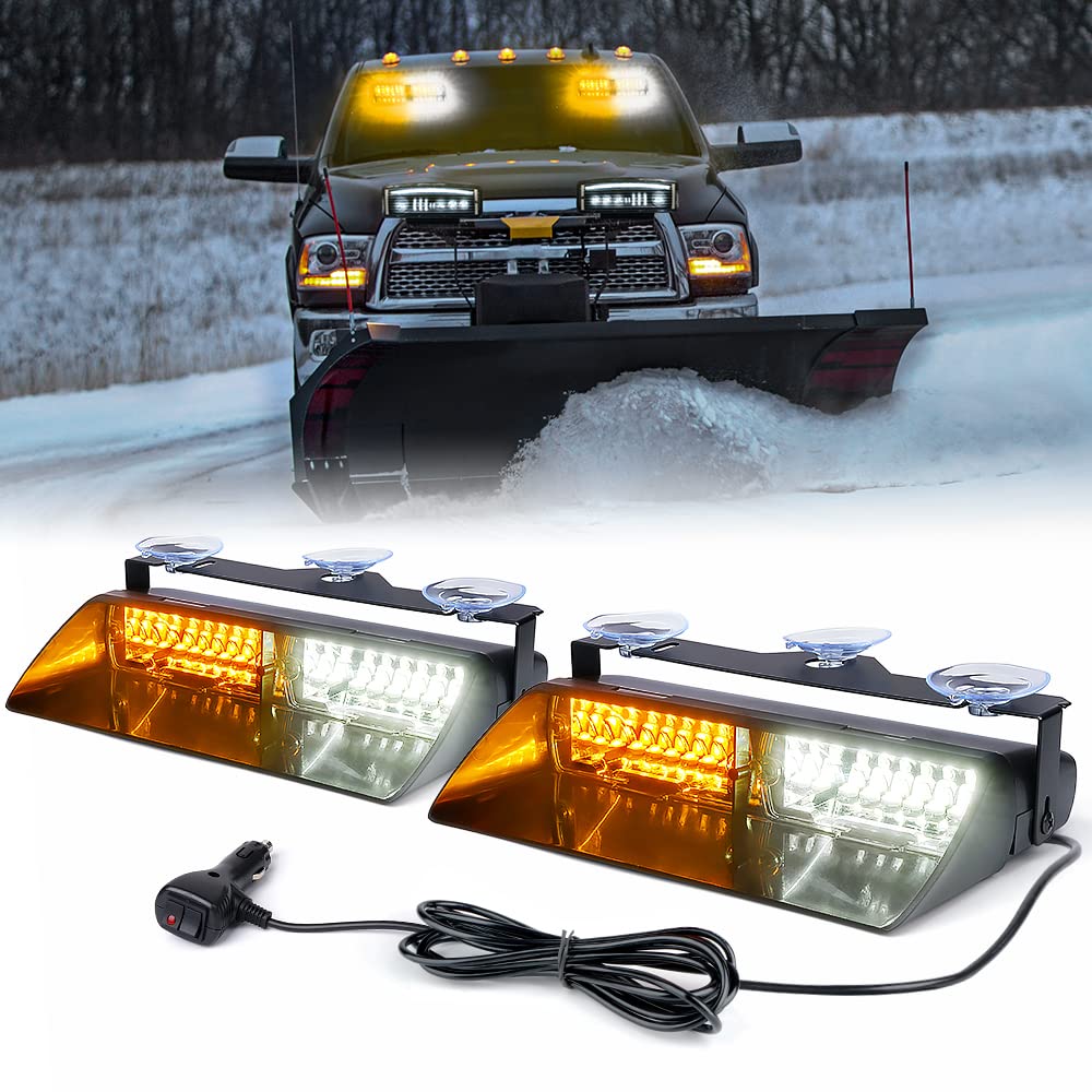 Xprite White Amber Led Dual Windshield Strobe Lights - 32 Leds, 23 Modes, W/Suction Cups | Dash Visor Safety Warning For Law Enf