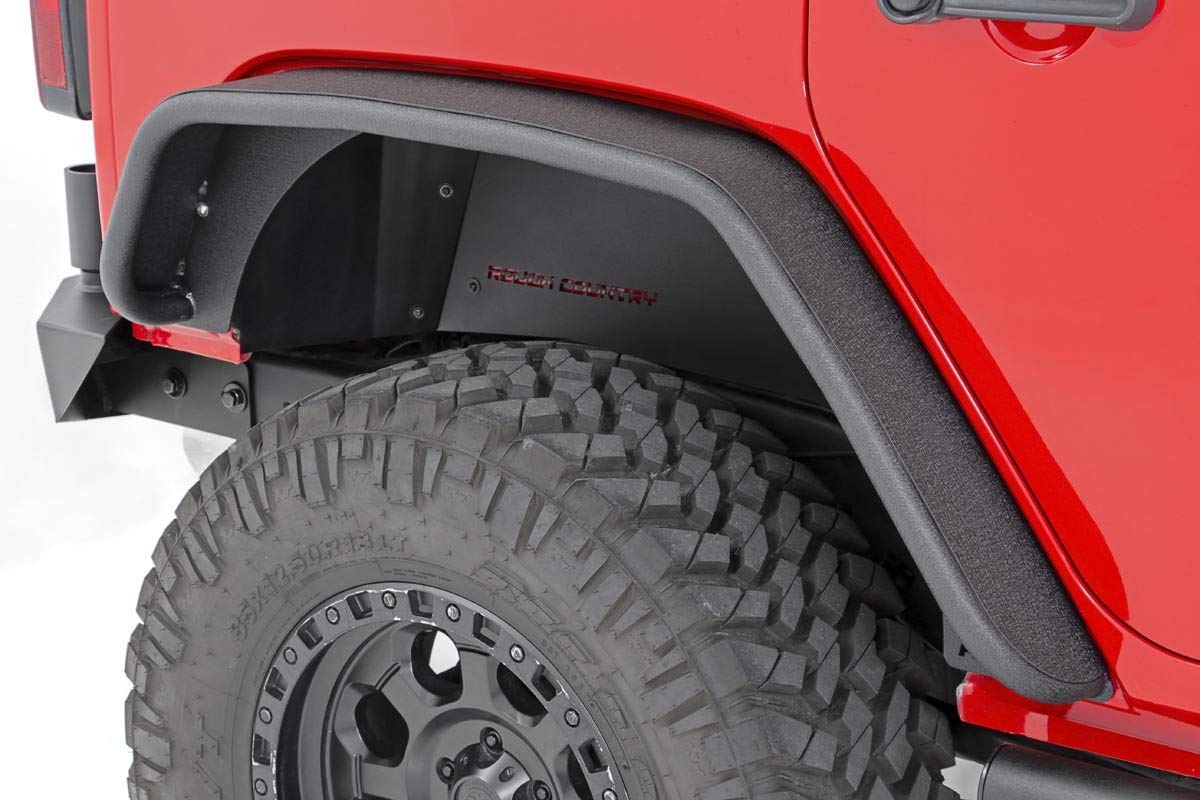 Rough Country Fender Flares for 2007-2018 Jeep Wrangler JK, Front/Rear, Black, Alloy Steel, Model 10533
