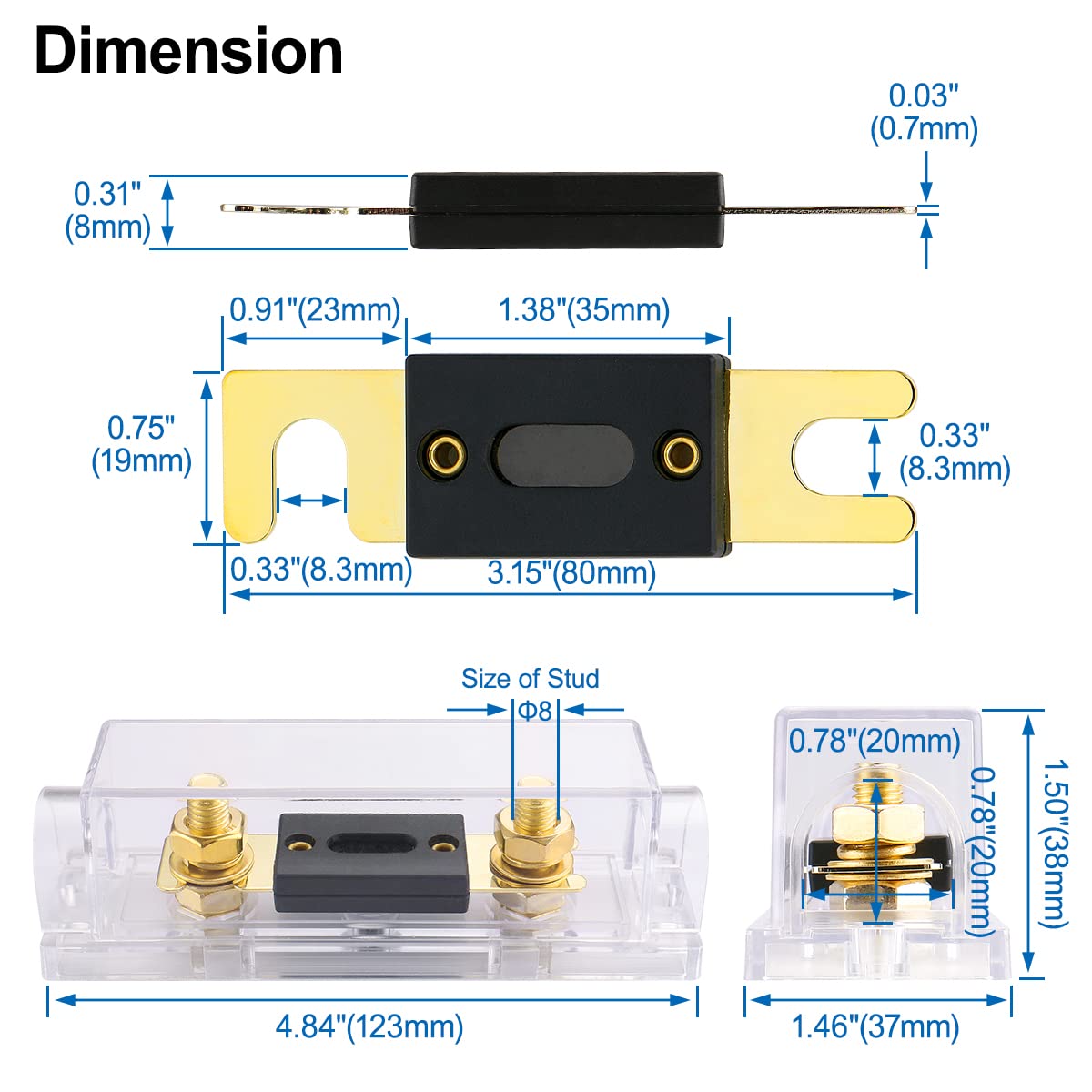 Baomain Anl Fuse Holder Kit With 400A Fuse - For Car Audio & 12V/24V Systems (400 Amp.)