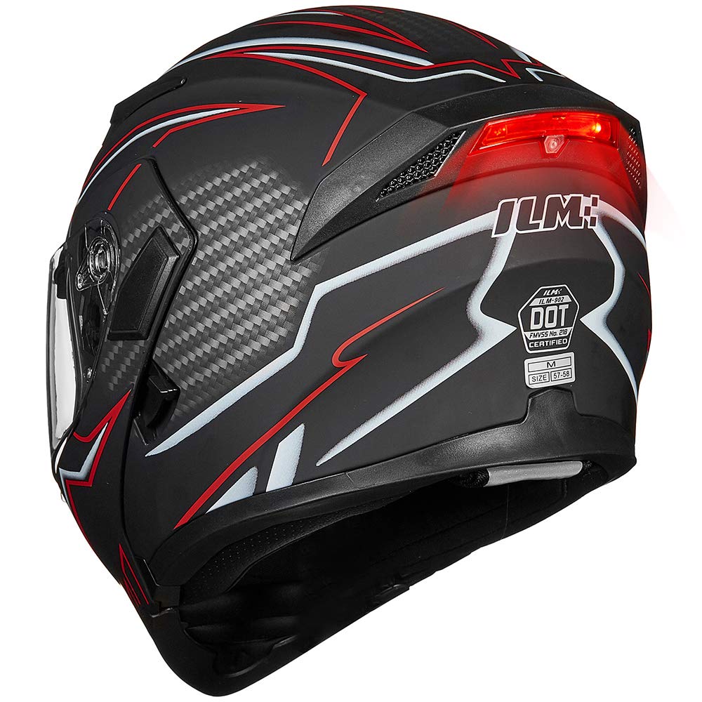Ilm Motorcycle Dual Visor Flip Up Modular Full Face Helmet Dot Led Light Model 902L (L, Black Red - Led)