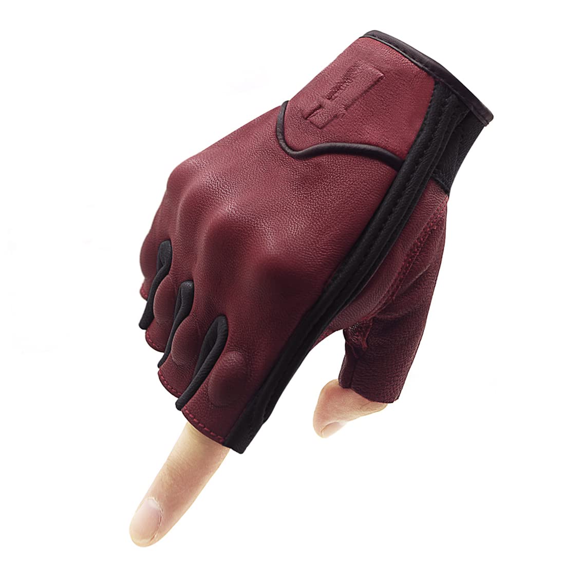Harssidanzar Mens Fingerless Half Finger Goatskin Leather Motorcycle Gloves Gm037, Oxblood/Black, Size L