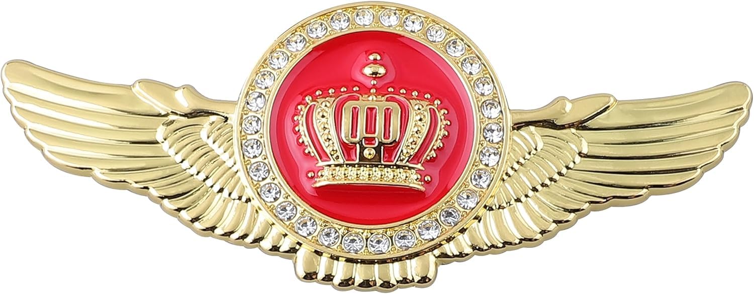 Oan Winged King Crown Emblem Sticker For All Cars, Bikes, Metal (Gold With Red) Size: 11Cm X 4.5Cm X 2Mm