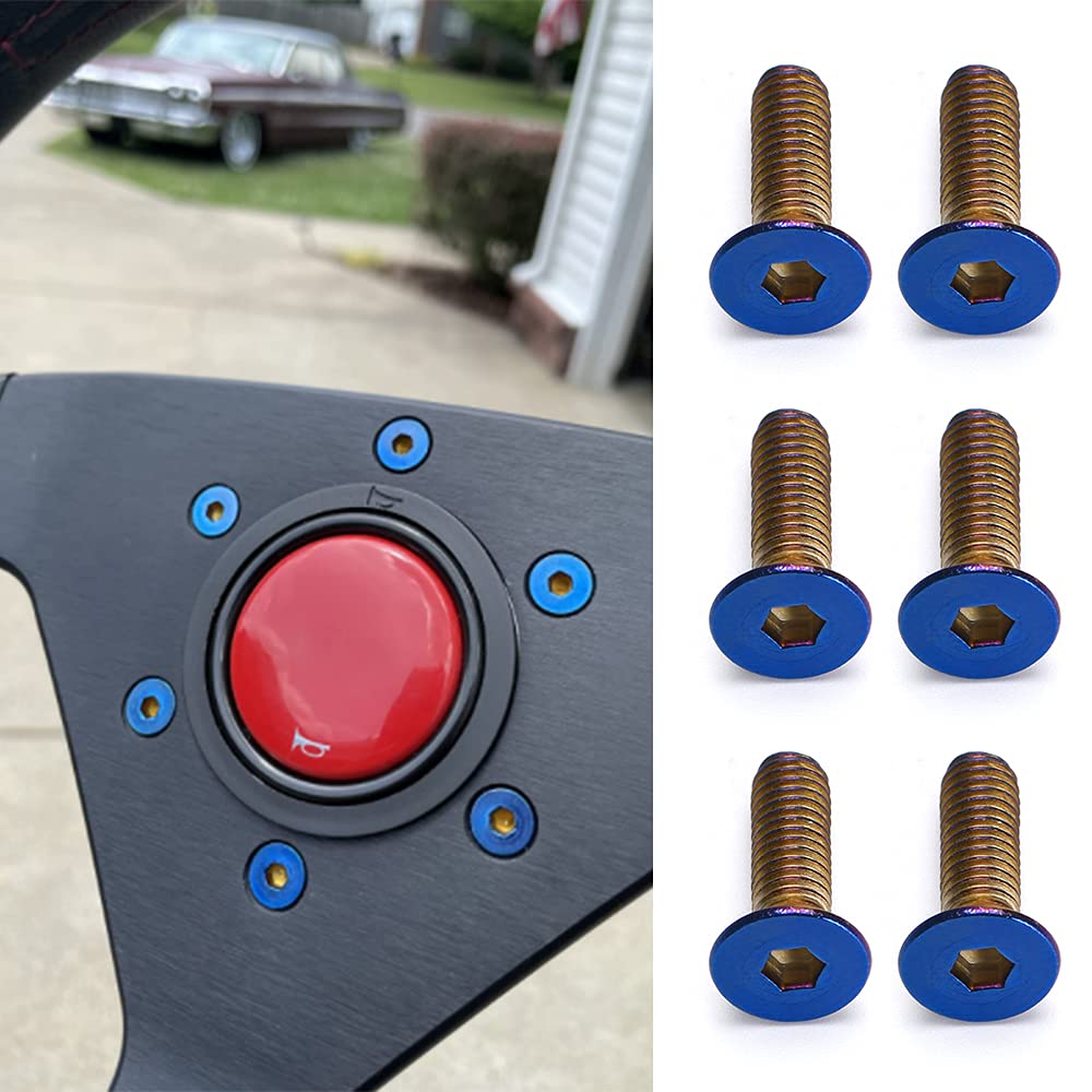 PQY Steering Wheel Screw Bolts - 6pcs Taper M5×0.8, 15mm Flat Head, Aluminum, Burnt Titanium Finish, Blue
