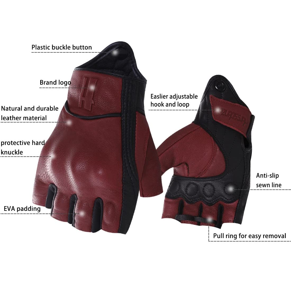 Harssidanzar Mens Half Finger Goatskin Leather Motorcycle Gloves Gm037, Oxblood/Black, Size Xl