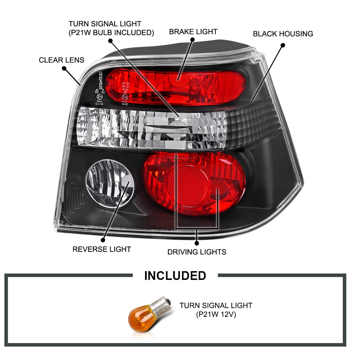 SPEC-D Tuning Euro Black Tail Lights for 1999-2006 VW Golf/GTI/R32/TDI MK4 - Left + Right Pair, Black Housing Clear Lens