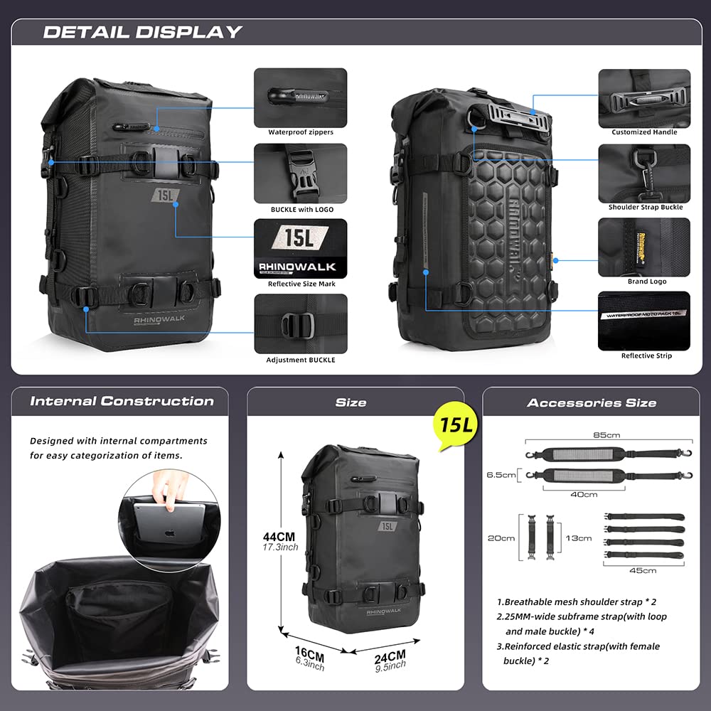 Rhinowalk Motorcycle Tail Bag Motorbike Side Bag 15L Full Waterproof Motor Saddle Pannier Bag Rear Rack Trunk Professional Motor