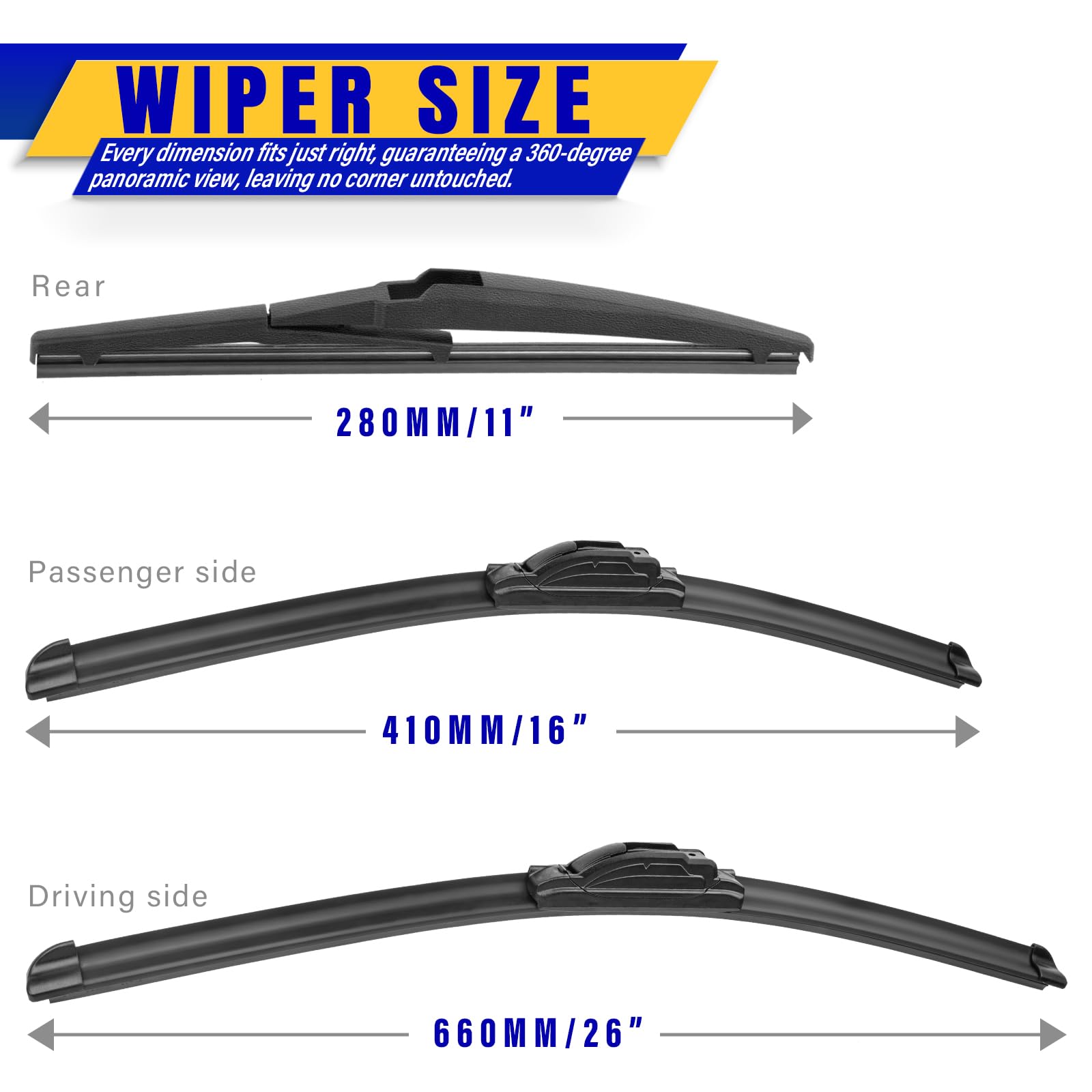 3 Wipers Replacement For 2012-2017 Kia Rio/2012-2019 Hyundai Accent, Windshield Wiper Blades Original Equipment Replacement - 26/16/11 (Set Of 3) U/J Hook