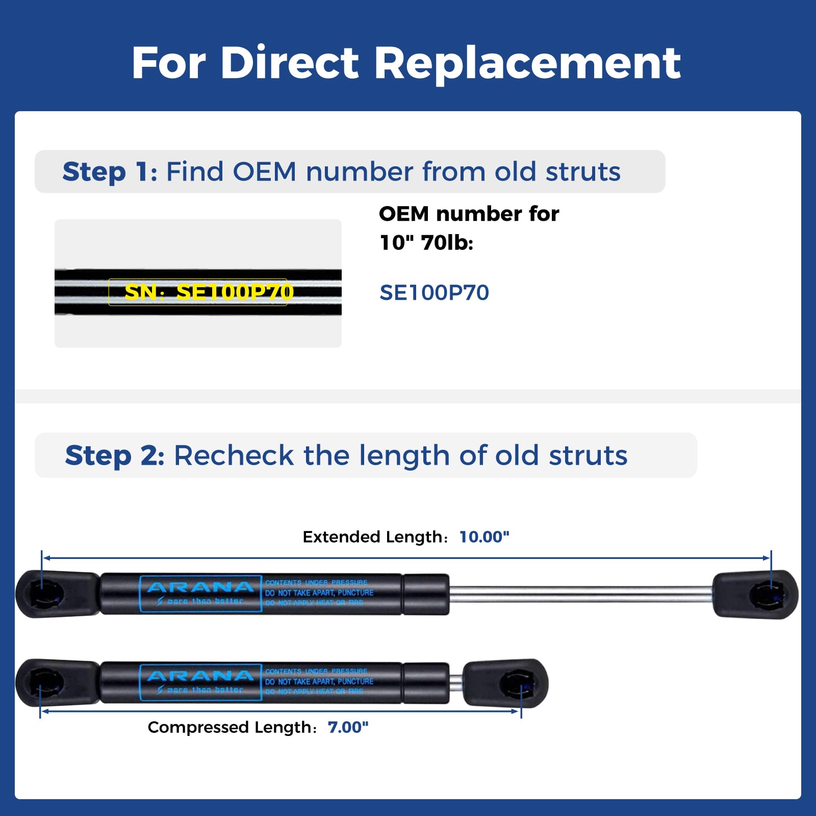 ARANA 10 inch Gas Strut 70 lbs, 10 '' Truck Tool Box Shocks, SE100P70 Hydraulic Lift Support Spring for Toolbox Lid Cabinets Doo