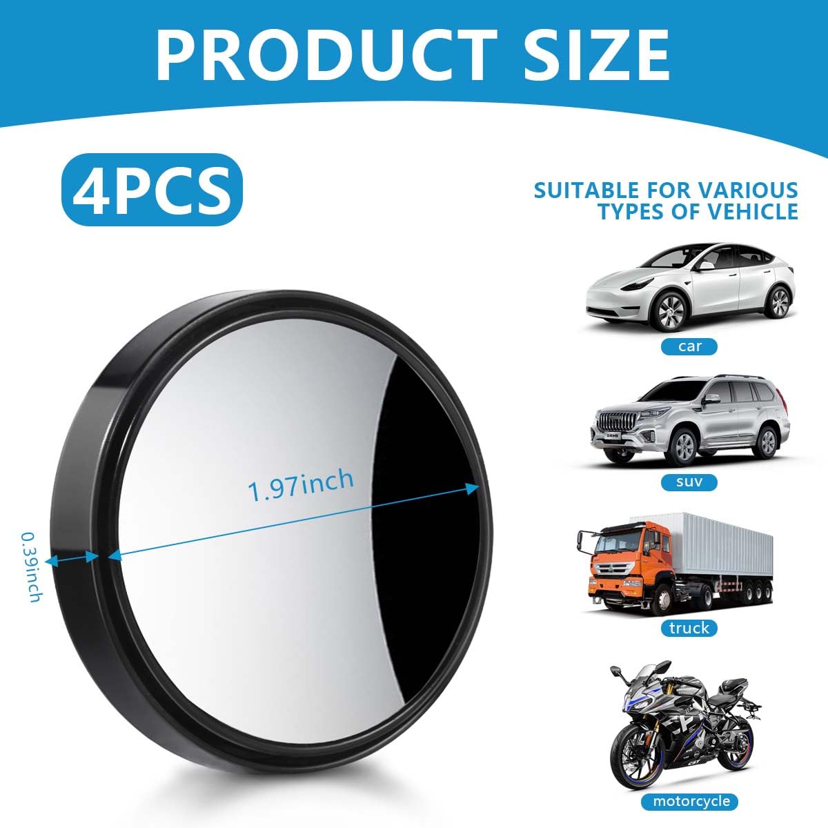 OBTANIM 4 Pack Blind Spot Car Mirror 2 Inch Angle Adjustable HD Glass Round Side Rear View Convex Accessories with Frame for Car