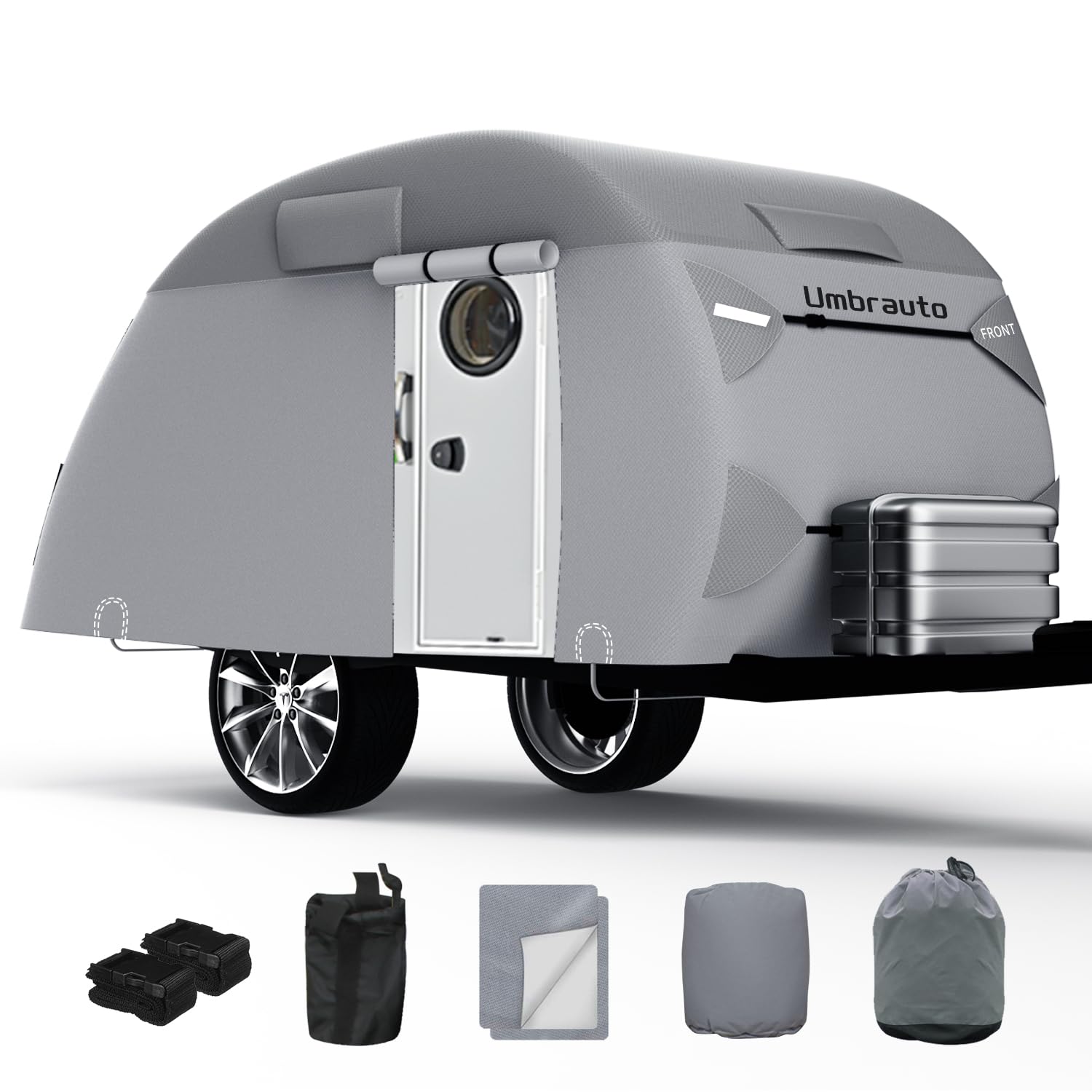 Umbrauto Teardrop Travel Trailer Cover Fits 12'-15' Trailers, 7 Layers Top Heavy Duty Waterproof Camper Cover With Windproof Str