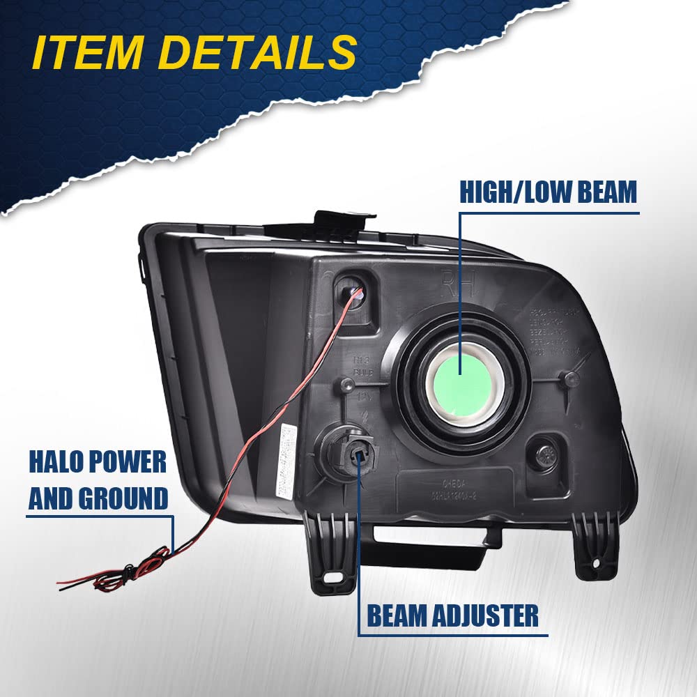 CHEDA LED DRL Headlights Assembly for 2005-2009 Ford Mustang S197 - Clear Lens, Black Housing, Amber Reflector, Head Lamp Pair
