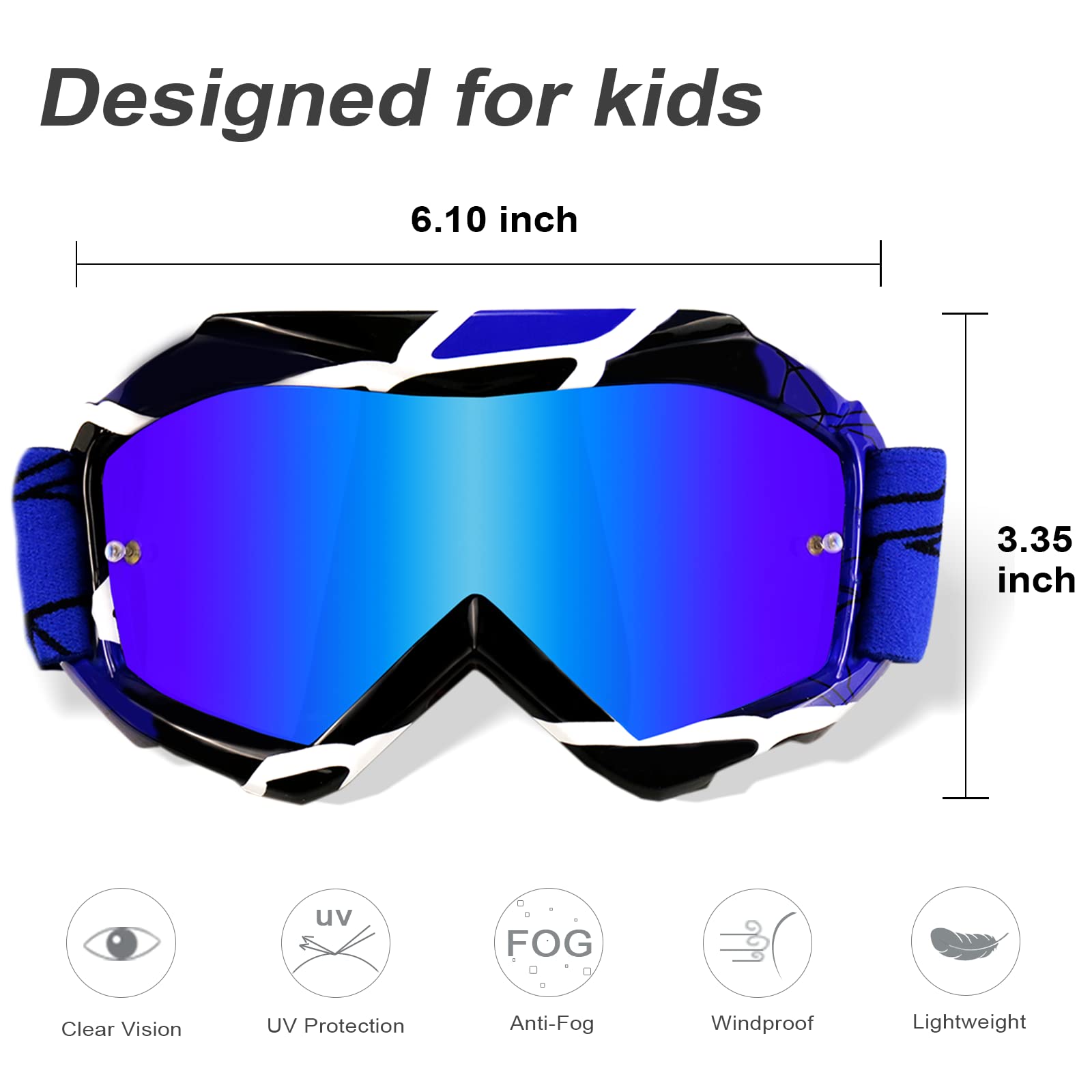NENKI Youth & Kids Motocross Goggles - Dirt Bike Goggles with Anti Fog & 100% UV Protection Blue Lens