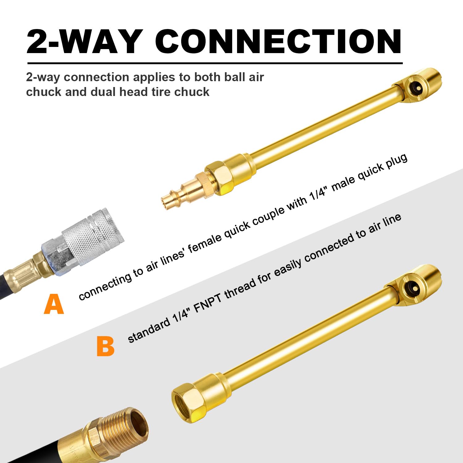 Lumiteco 5-Pack Dual Head Air Chuck Set, 1/4 Inch Female Npt Closed Ball Tire Chuck With 2 Standard Male Quick Plug, 2 Way Conne