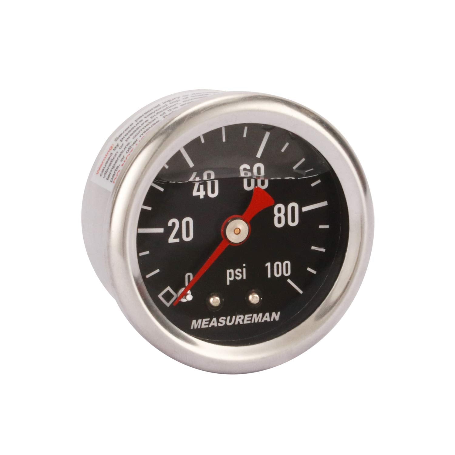 Measureman 1.5'' Black Dial, 304 Stainless Steel Case, Liquid Filled Fuel Pressure Gauge, 0-100Psi, -3-2-3%, 1/8'' Npt Center Ba