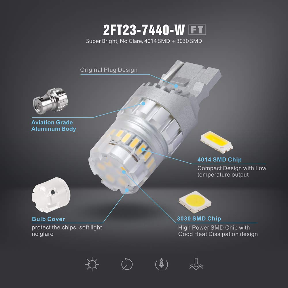 Sir Ius Led - Ft- 7440 Led Backup Reverse Light Bulb Super Bright High Power Single Filament Function Air Vent Design 3030+4014