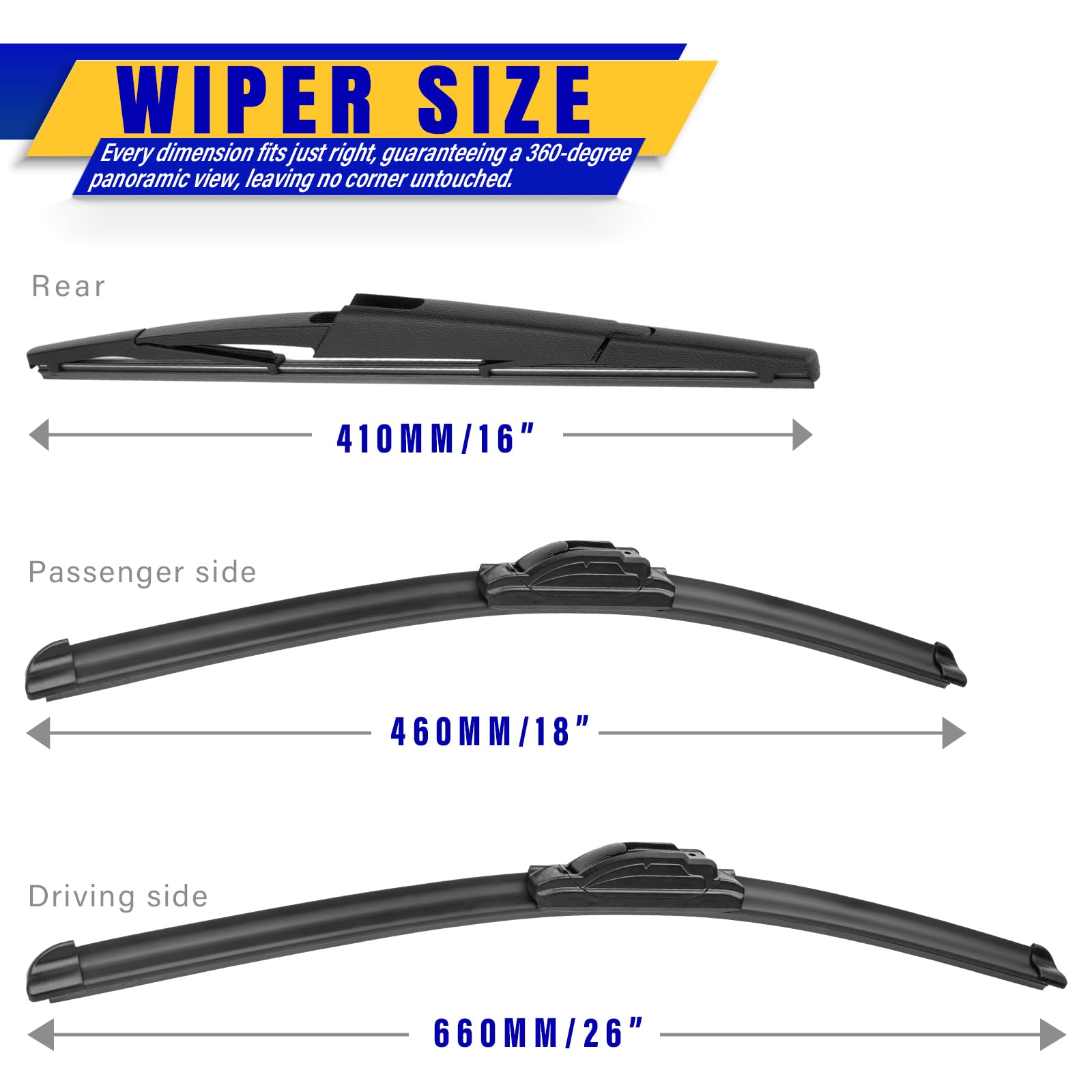 Rooppa Windshield Wiper Blades Replacement Set - 3 Pcs (26"/18"/16"), Rubber, for 2006-2014 Kia Sedona & 2007-201