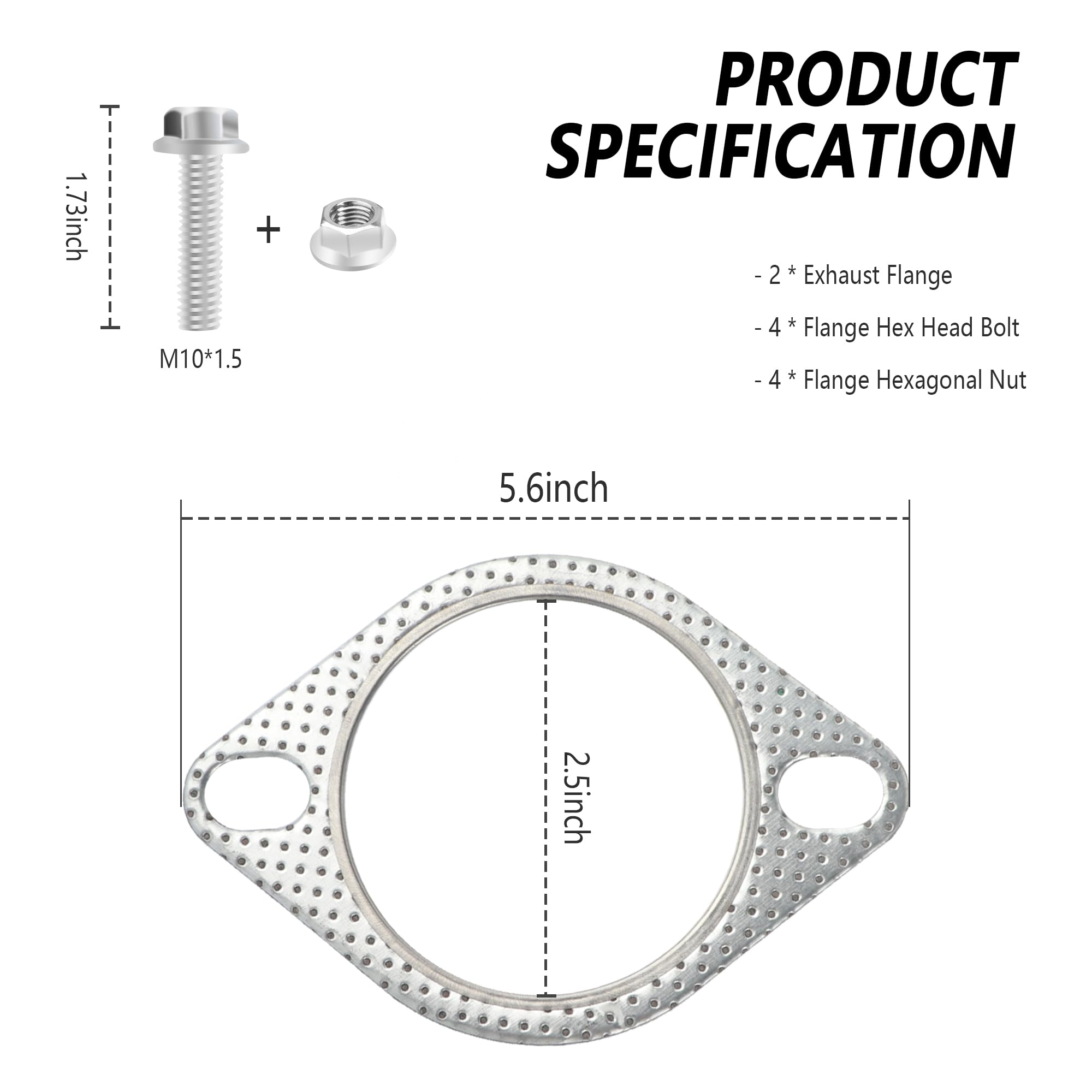 2PCS Exhaust Flange Gasket + 4PCS Exhaust Bolts,2.5'' 2-Bolt Catalytic Converter Gasket Replaces OEM#120-06310-0002,Car Accessor