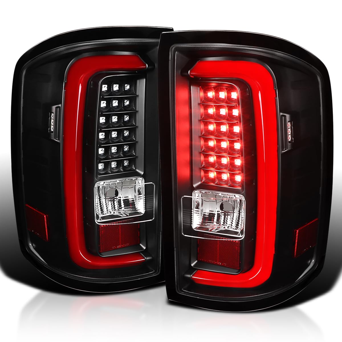 Spec-D Tuning Black Housing Clear Lens Red LED Bar Tail Lights Compatible with 2014-2018 GMC Sierra 1500, 2014-2018 GMC Sierra 2