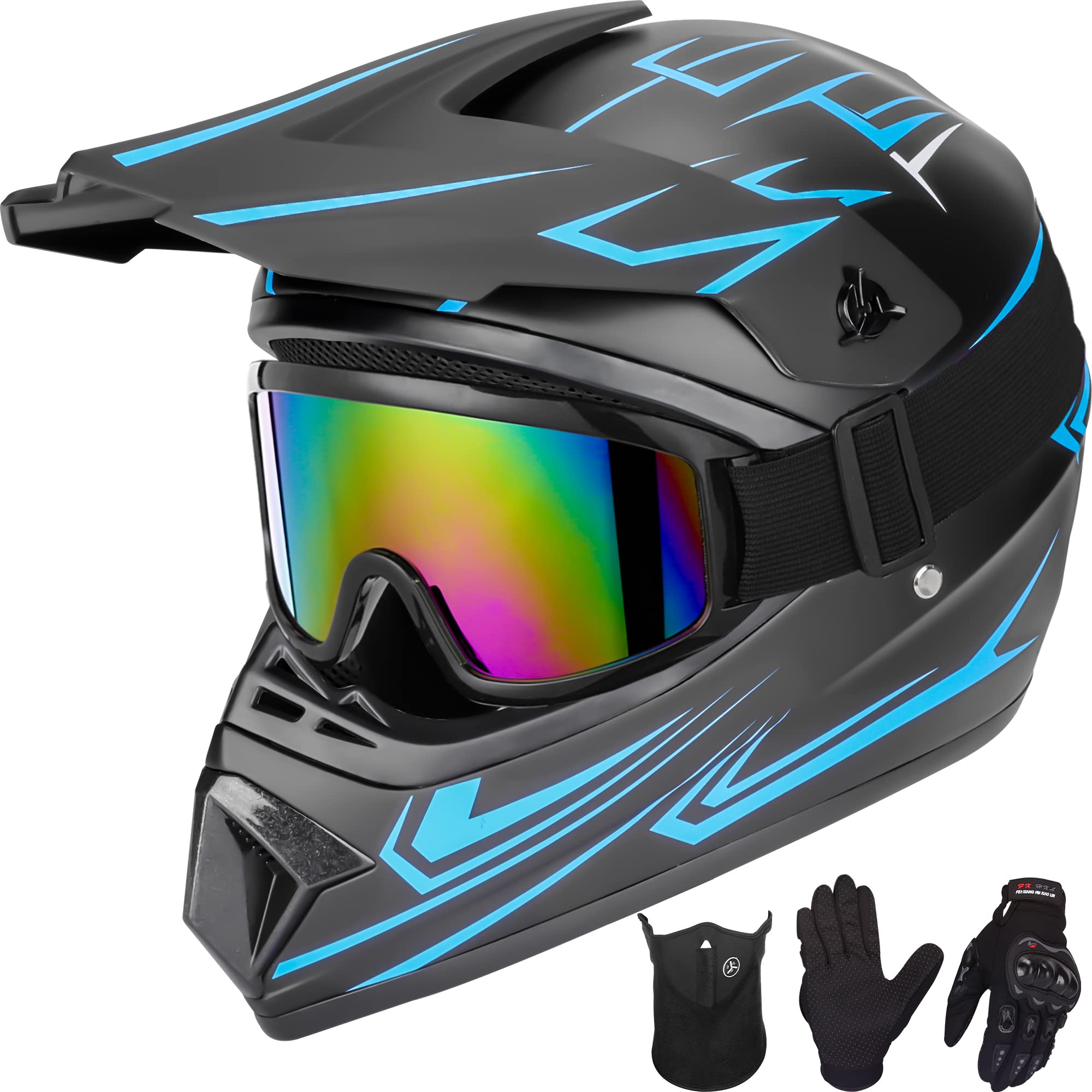 Yesmotor Youth Kids Motocross Helmet Full Face Motorcycle Dirt Bike Off-Road Mountain Bike Bmx Mx Atv Helmet- Dot Approved With(Gloves Goggles Mask) 4Pcs Set (Blue,M)
