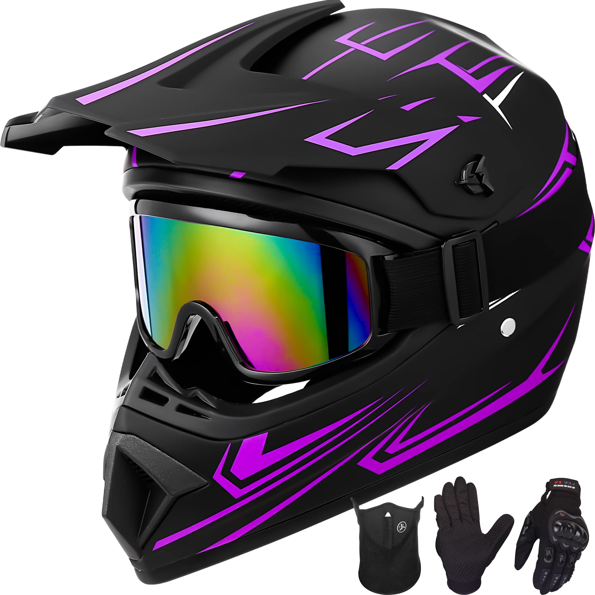 Yesmotor Youth Kids Motocross Helmet Full Face Motorcycle Dirt Bike Off-Road Mountain Bike Bmx Mx Atv Helmet- Dot Approved With(Gloves Goggles Mask) 4Pcs Set (Purple,M)