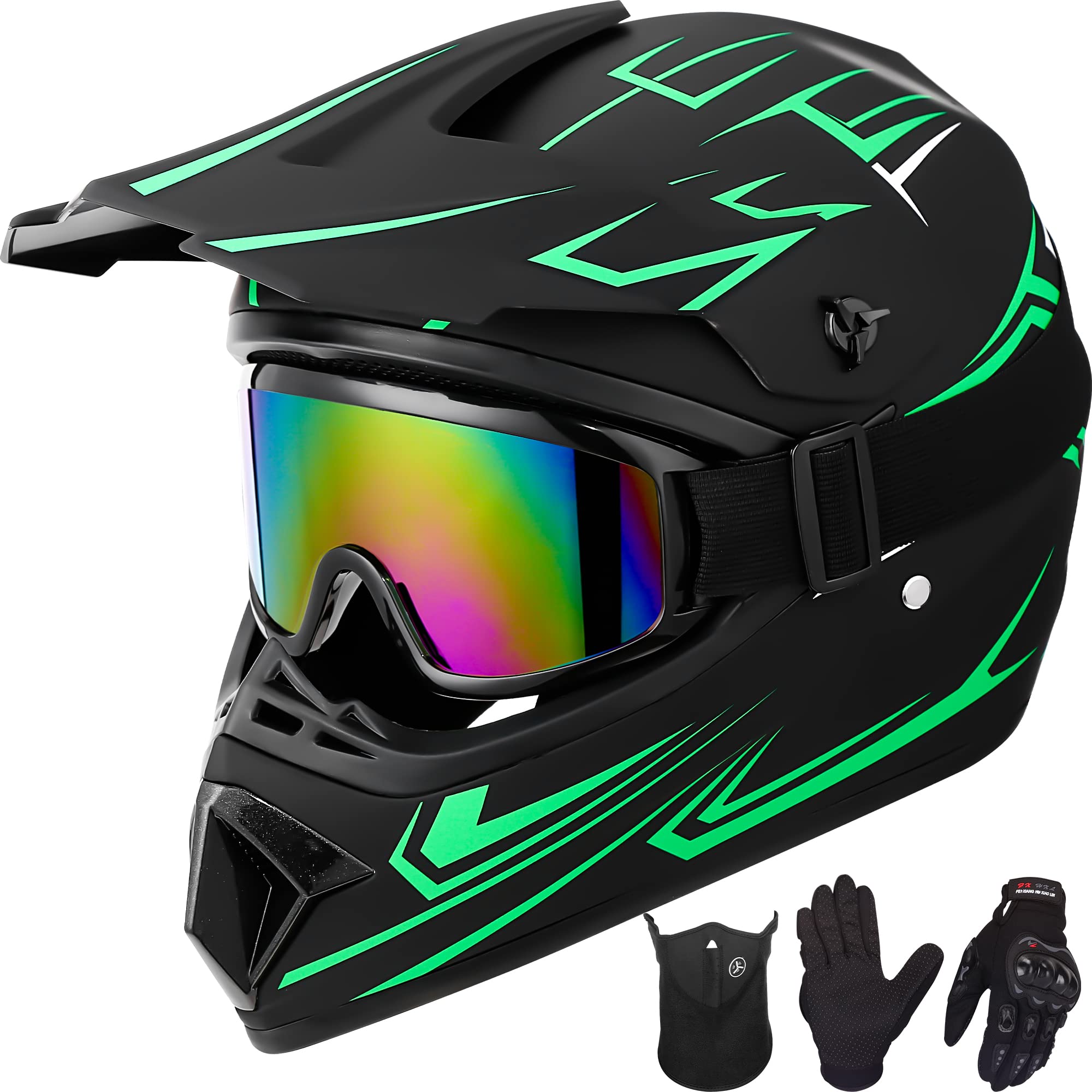 Yesmotor Youth Kids Motocross Helmet Full Face Motorcycle Dirt Bike Off-Road Mountain Bike Bmx Mx Atv Helmet- Dot Approved With(Gloves Goggles Mask) 4Pcs Set (Green,M)