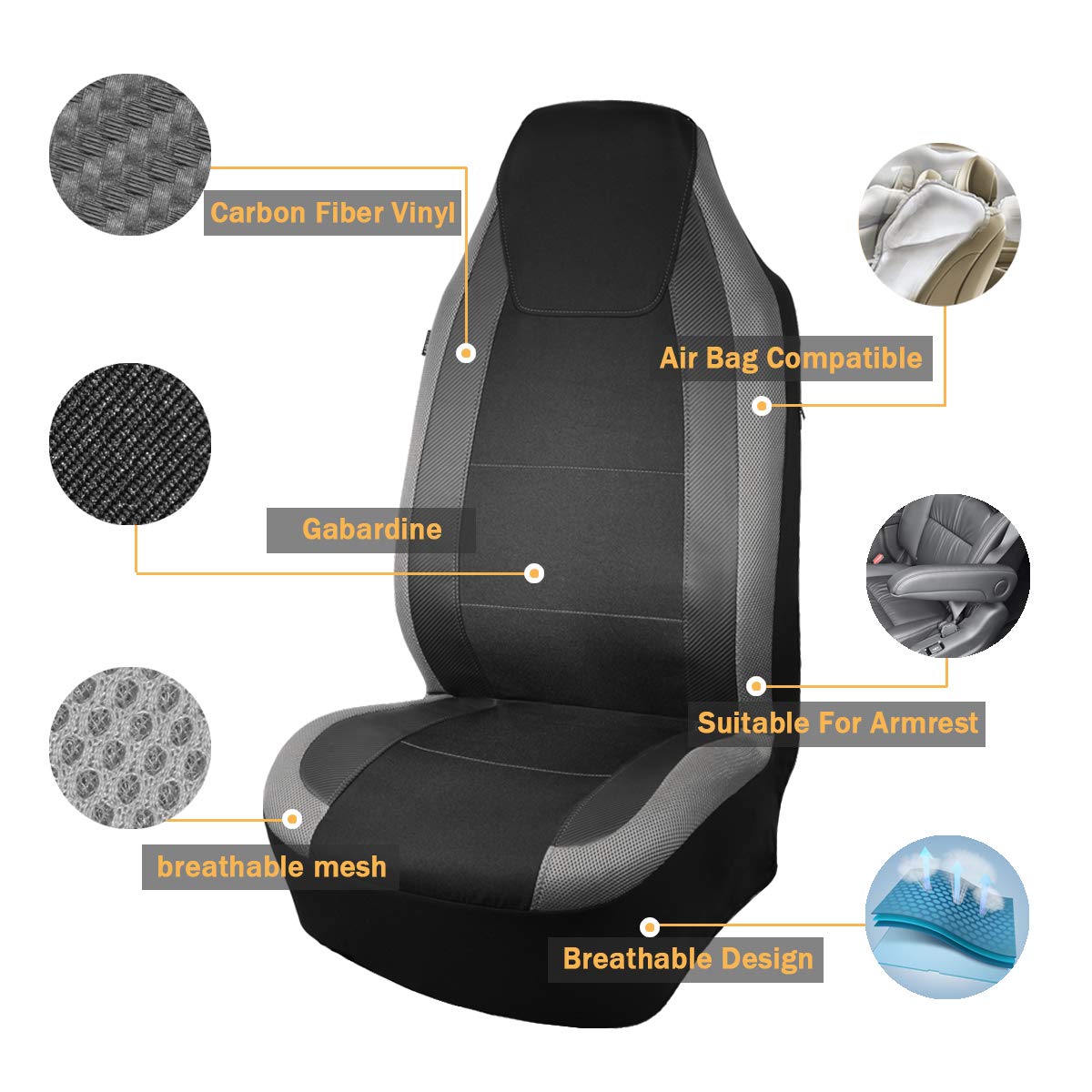 Flying Banner Car Seat Covers Quality Carbon Fiber Faux Leather Mesh Fabric Sport Low High Back Bucket Back Pocket Arm Rest Car Suv Truck Pick Up (2 Fronts - High Bucket, Gray)