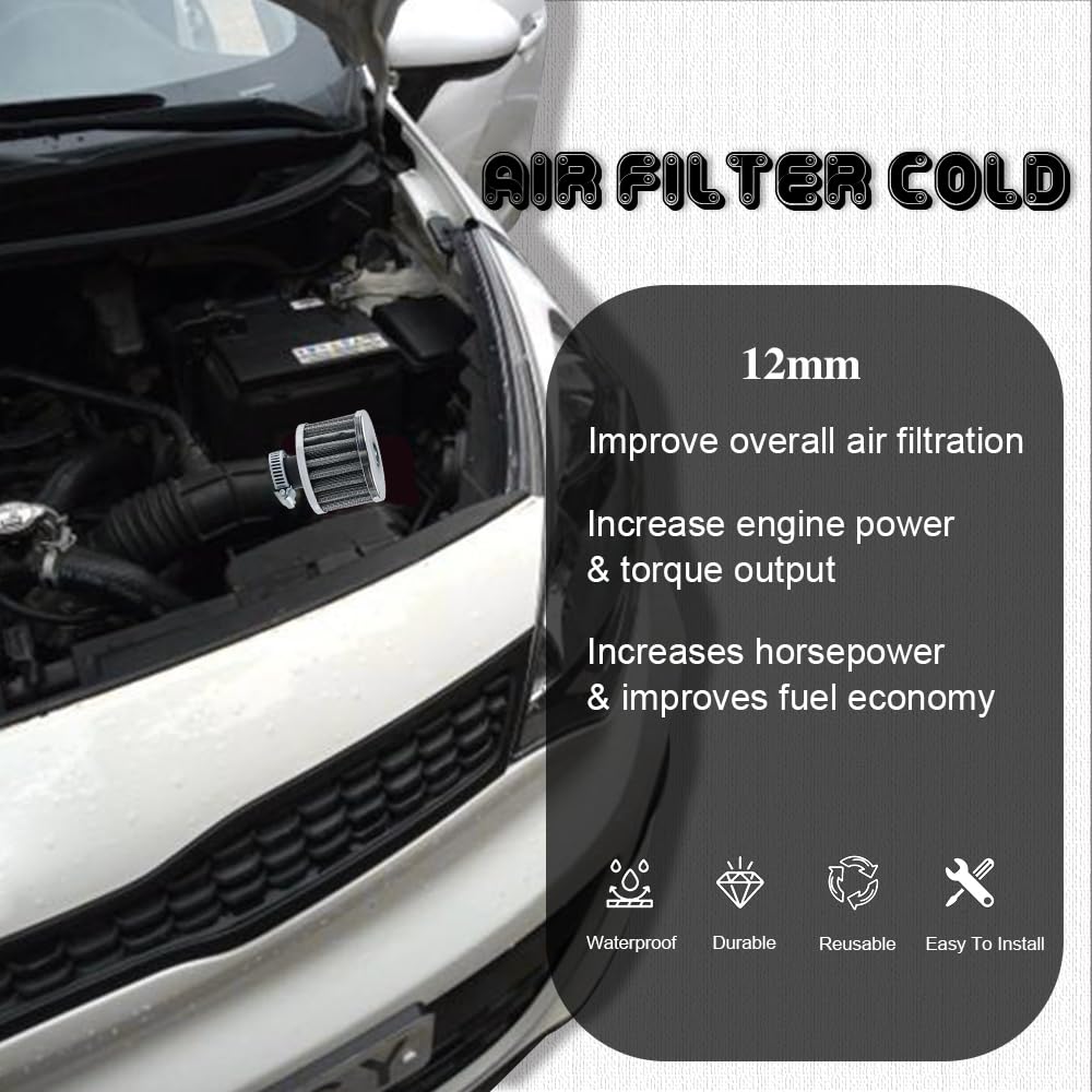 12mm Air Filter Intake Filter Breather, Small Engine Air Filter, Mini Universal Motor Cone Cold Clean Air Intake Filter Turbo Ve